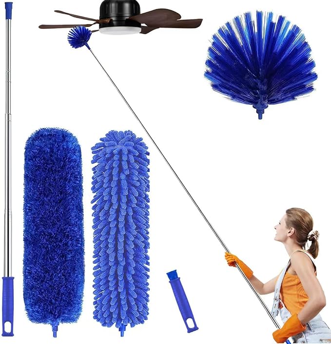 Professional Microfibre Dusters for Cleaning - Extendable 30-81" Cobweb Remover Kit with 3 Washable Heads, Bendable Design for High Ceilings, Fans & Hard-to-Reach Areas