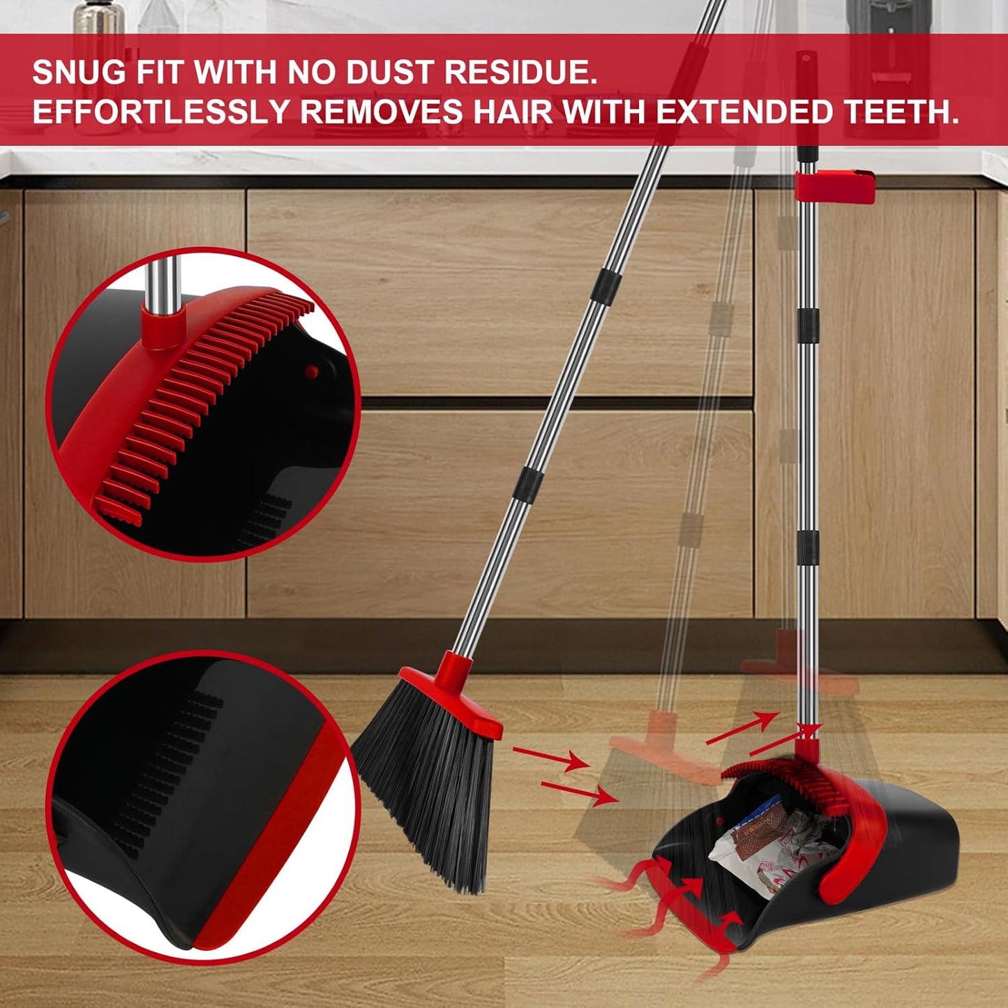 Broom and Dustpan Set, Large Household Broom with Dustpan Combo Set, 55 Inch Long Handle, Red Dust Pan Combo Set for Home