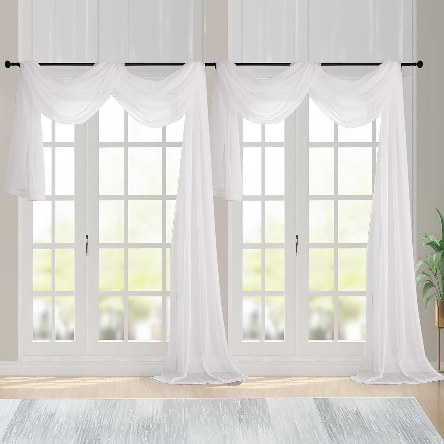 Chyhomenyc Extra Long Ivory Sheer Curtains 144 inch 2 Panels, Translucent Backdrop Window Scarf Drapes for Canopy Bed/Wedding/Living Room/Anniversary, 12FT Length, Each 59Wx144L in, 2PCS