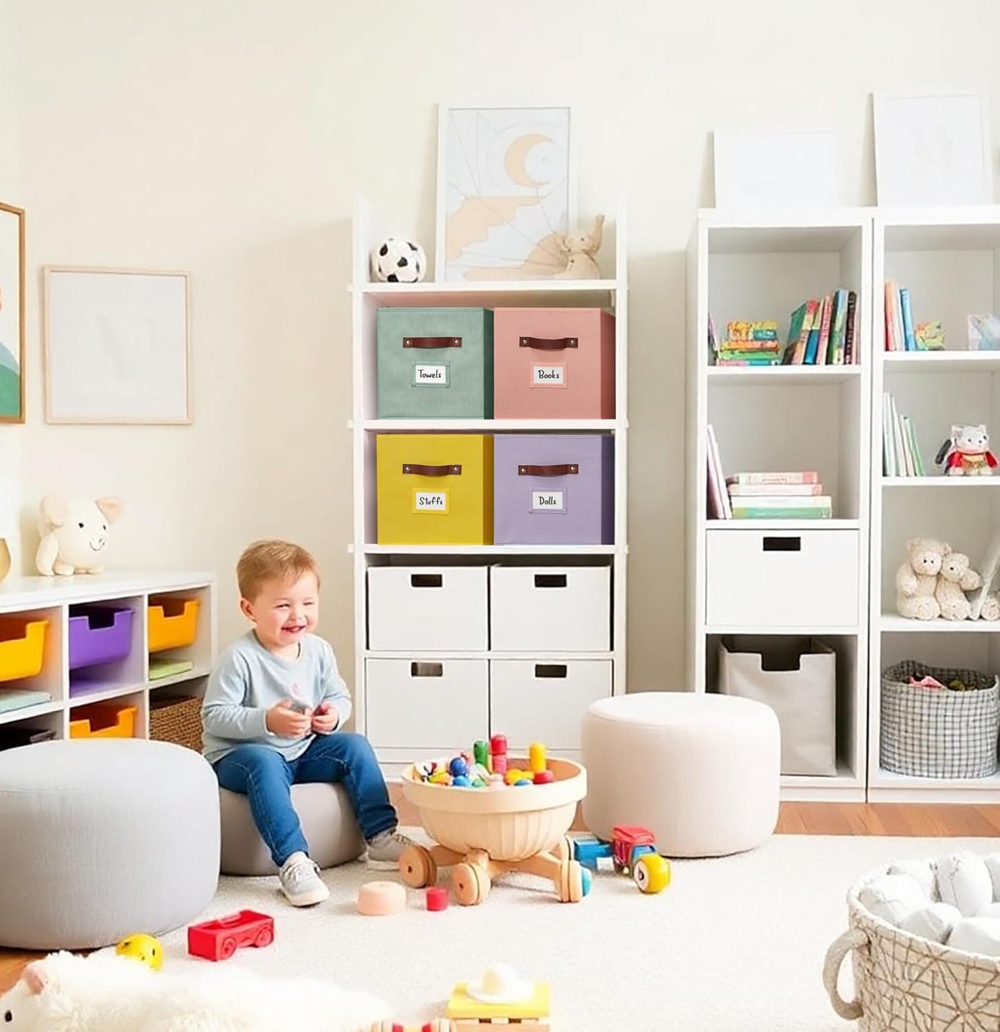 DECOMOMO Storage Cubes, 13x13x13 Storage Cube Bins with Labels, Fabric Organizer Bins (13" / 6pcs, Rainbow)