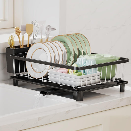 Dish Drying Rack - Space-Saving Dish Rack,Dish Racks for Kitchen Counter with Drainboard, Rustproof Dish Drainer with a Removable 4-Compartment Utensil Holder,Black-White