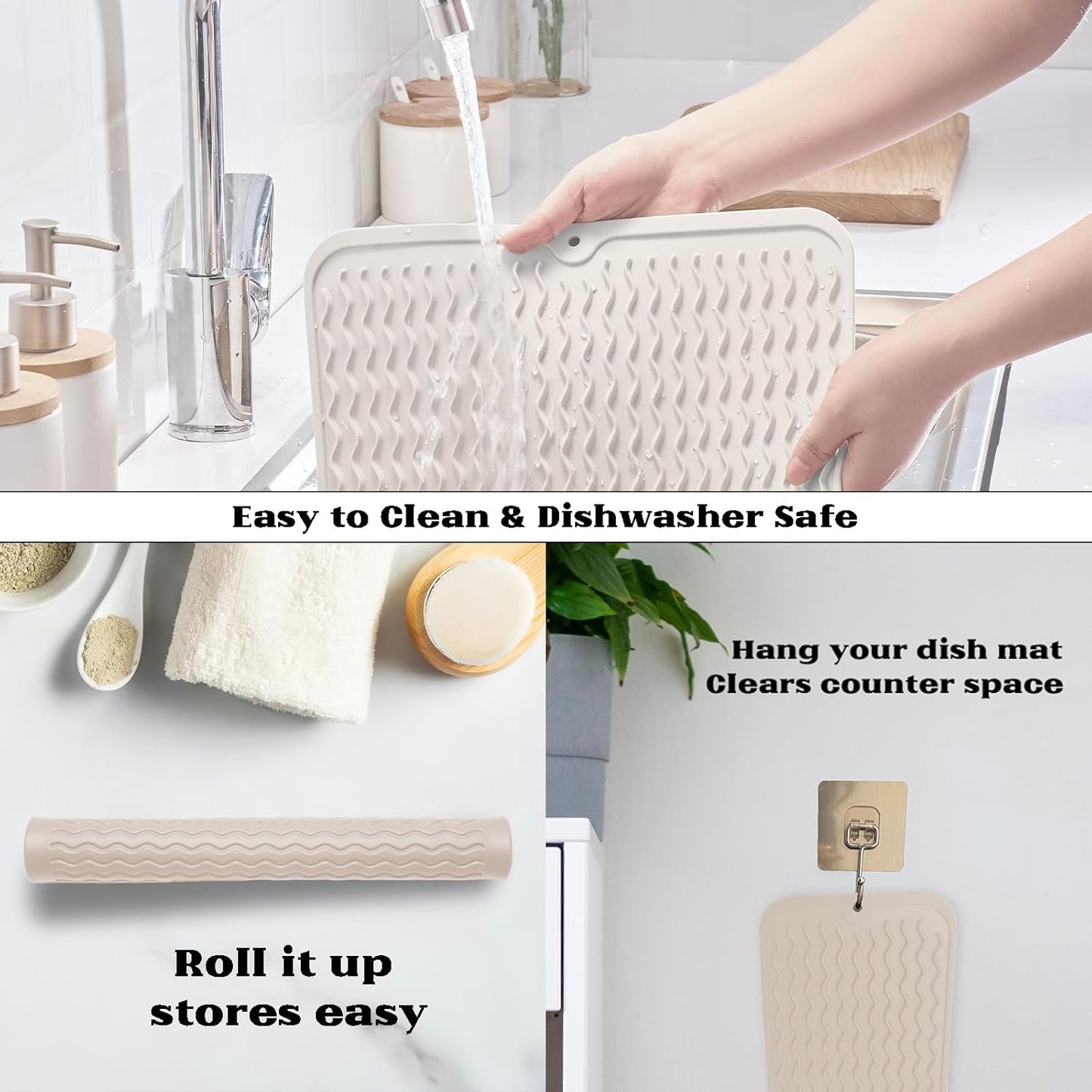 ZLR Silicone Dish Drying Mat for Kitchen Counter, Eco-Friendly Fast Dry Dish Mat, Easy Clean Multi Usage Drying Matt, Heat Resistant Trivet, 12" x 16" Large, Cassava White