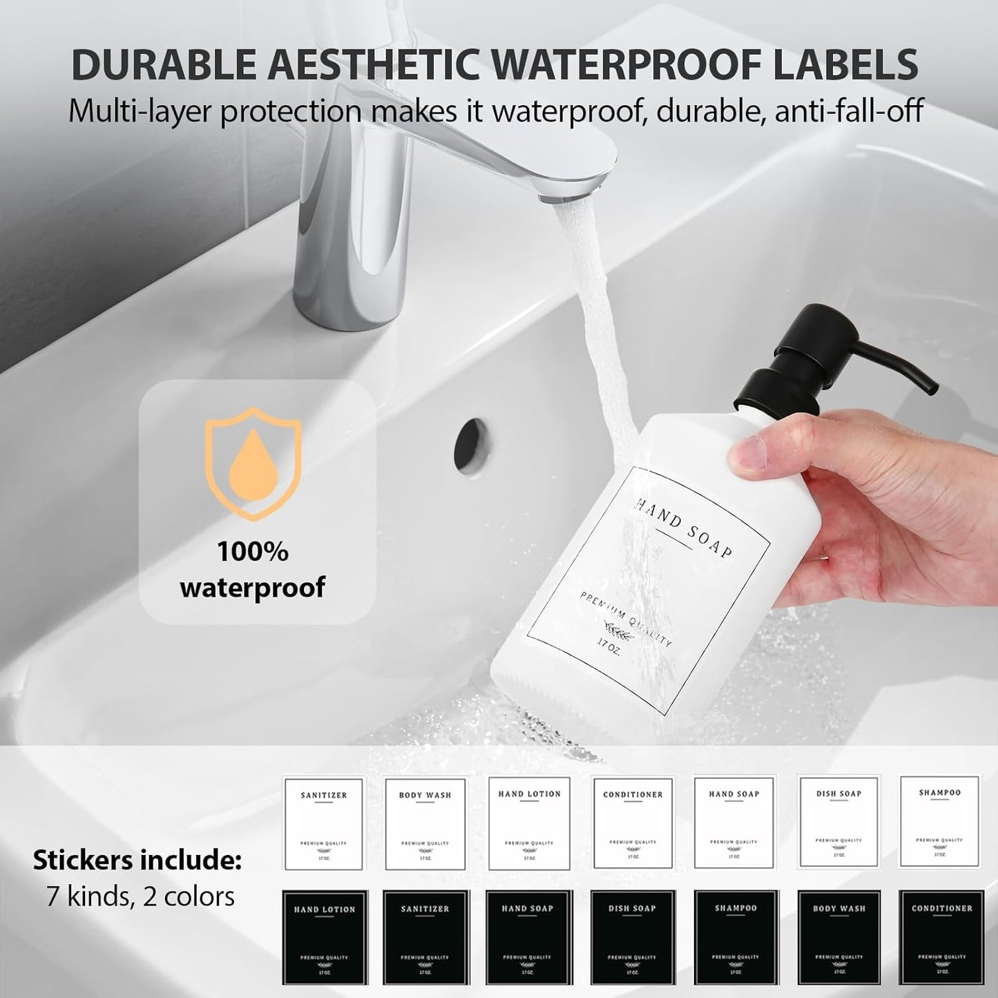 White Glass Kitchen Soap Dispenser Set, 17 OZ Hand and Dish Soap Dispenser Set with Rustproof Stainless Pump, 14 Waterproof Labels, Non-Slip Tray, Modern Bathroom Accessories(White Bottle/Black Pump)