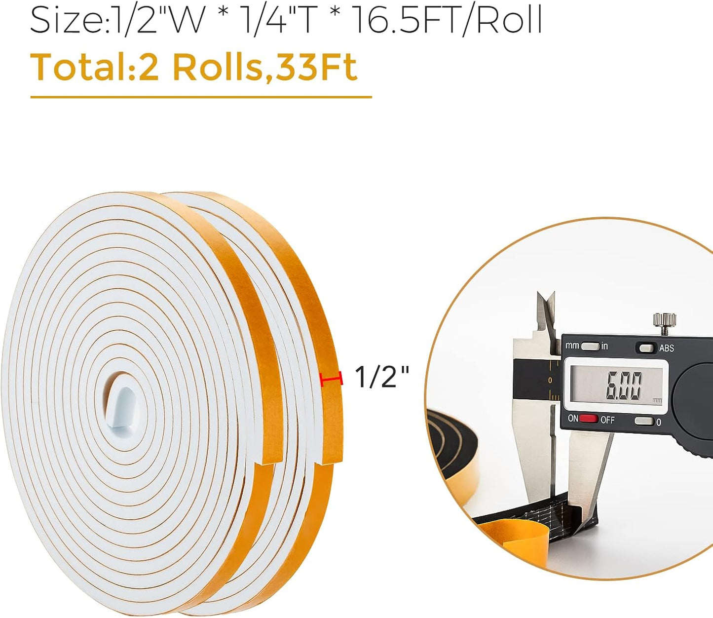 33 Feet Weather Stripping Door Seal- 1/2" Wide X 1/4" Thick Door Bottom Seal Strip High Density Foam Tape Adhesive Rubber Strip for Door Soundproofing,Window Insulation (1/2" x 1/4" x 33FT,White)
