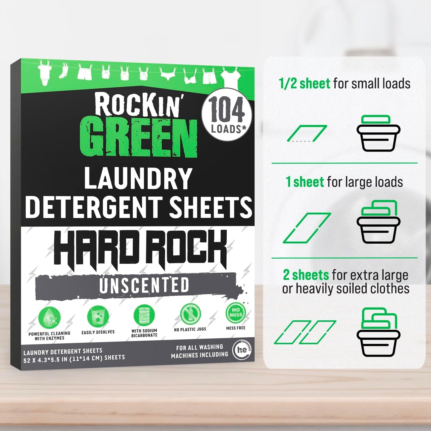 Rockin' Green Hard Rock Travel Laundry Detergent Sheets for Hard Water - Mess-Free Laundry Sheet Detergent with Sodium Bicarbonate - Easily Dissolvable Laundry Soap Sheets (104 Loads, Unscented)