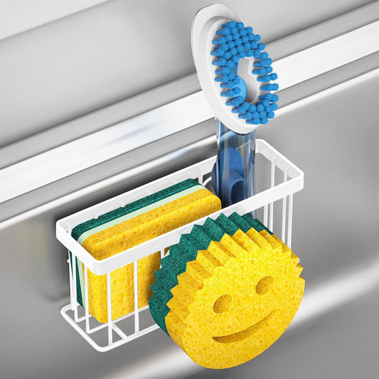 Sponge Holder Smiley Face,Sink Caddy,Sink Organizer with 2 Suction Cups/1 Adhesive Strips,Designed for Sponge,Soap,Dish Brush,Scrubber - White