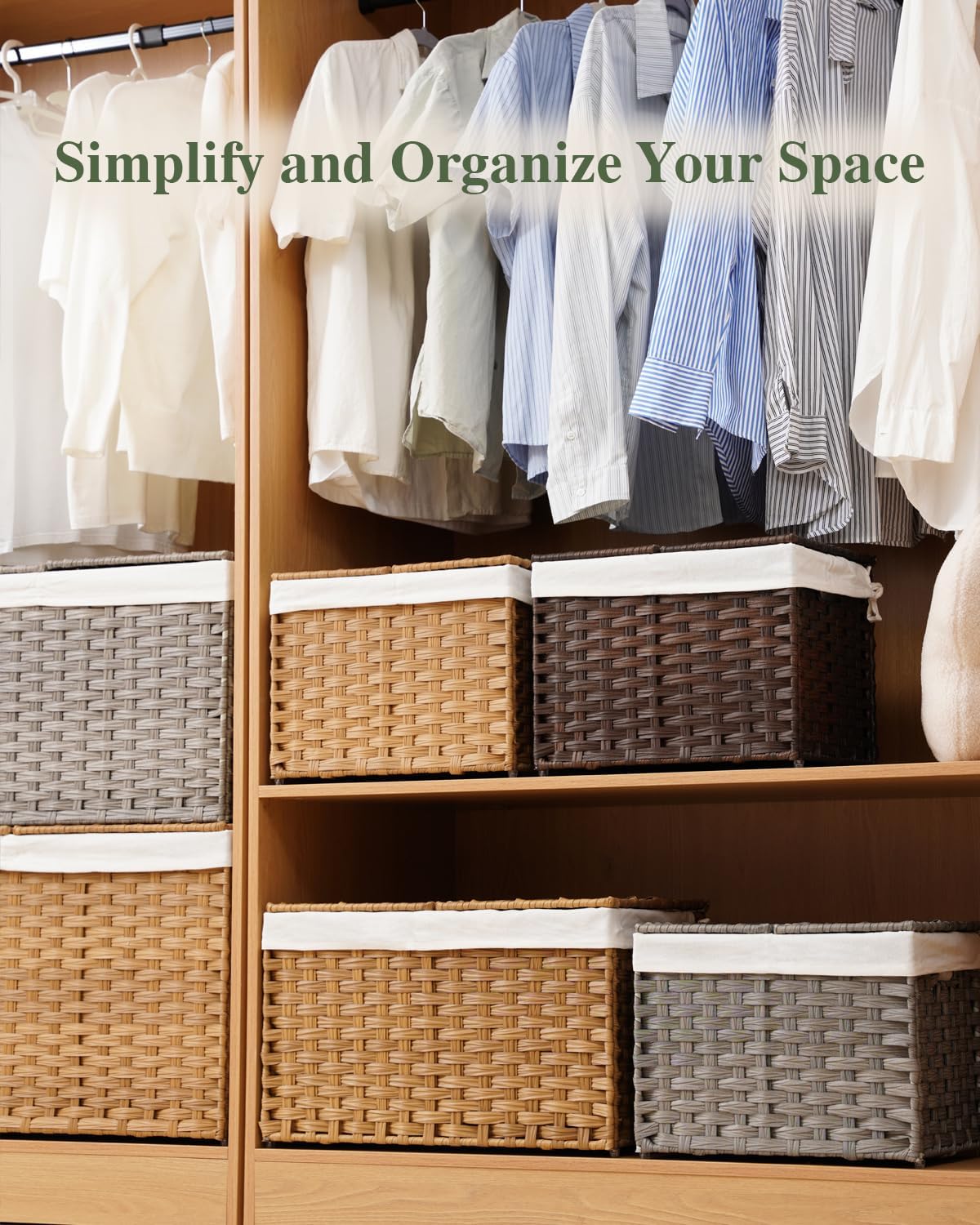 Storage Basket with Lid Woven Wicker Baskets with 2 Separate Lid, 9.2 Gallon (35 L) Wicker Storage Bins with Handles, Foldable and 2 Removable Liner Bags for Bedroom, Laundry Room Natural