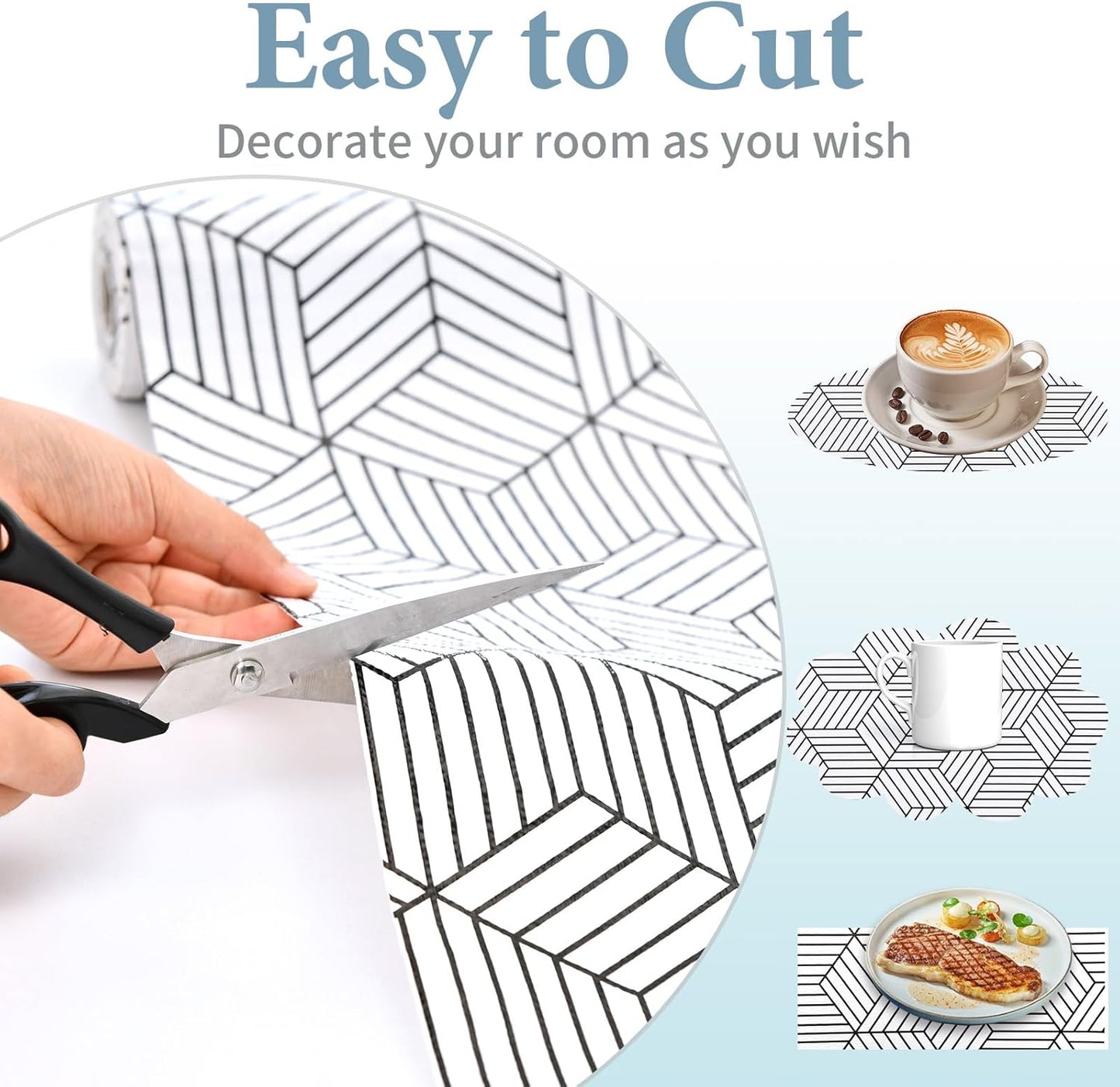 Shelf Liners for Kitchen Cabinets Non Adhesive Shelf Liner Paper Non-Slip Thickened Drawer Liner Easy to Clean for Tool Box Refrigerator with Knife and Tape Measure, Black Geometric, 11.8 x 118 in