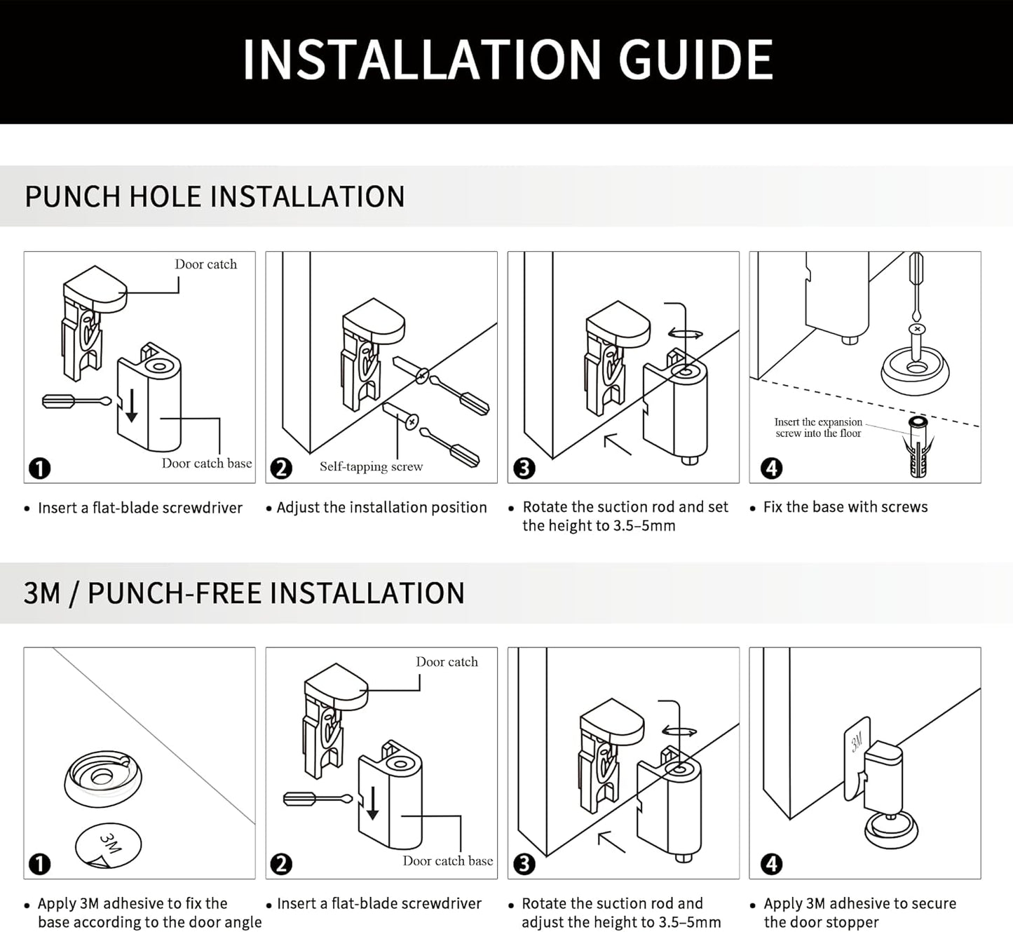 Windproof Magnetic Door Stoppers, 0-0.78" Stroke Mechanical Doorstop, No-Hole Flooring Door Suction with 3M Strong Adhesive and Screws, White, 1 Pack