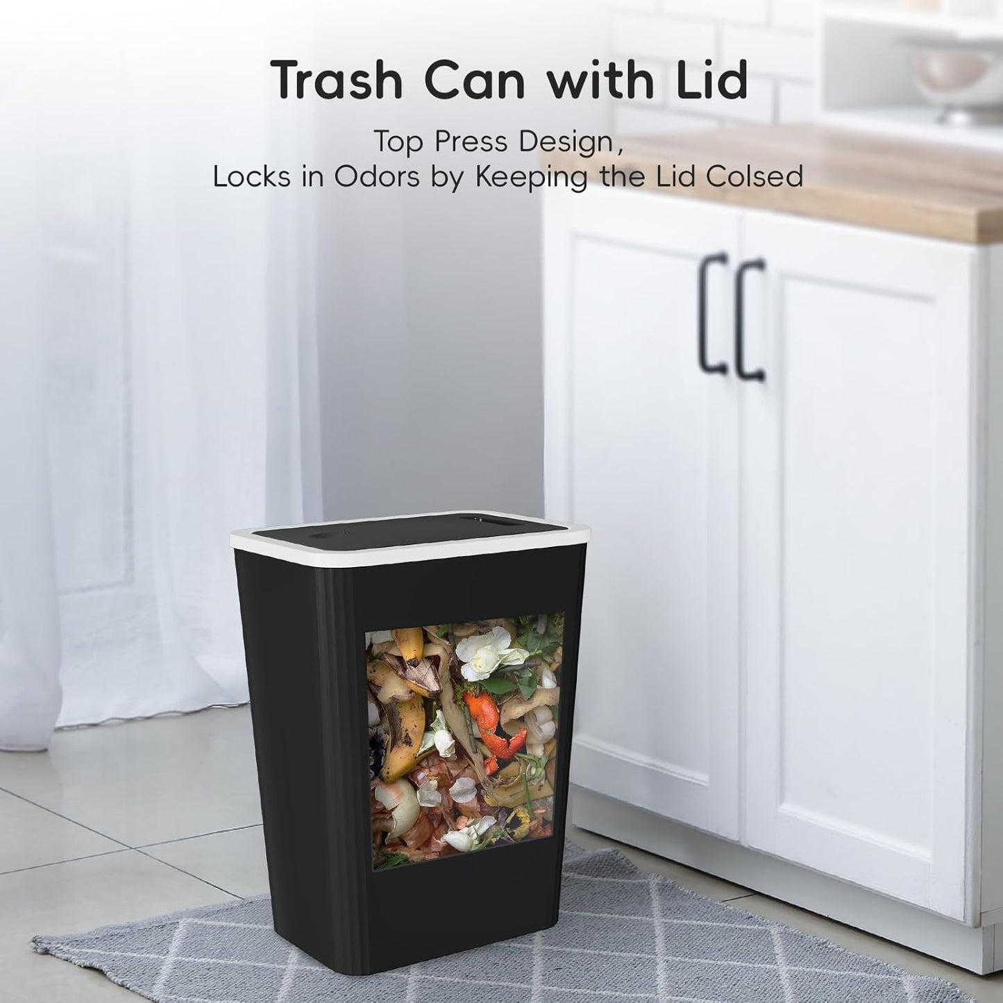 Small Trash Can, 3 Pack 4 Gallons Bathroom Garbage Can with Lid Press-Top, Small Waste Basket with Trash Bags, Slim Plastic Garbage Bin for Dorm, Office, Bedroom, Kitchen, Living Room （ Black ）