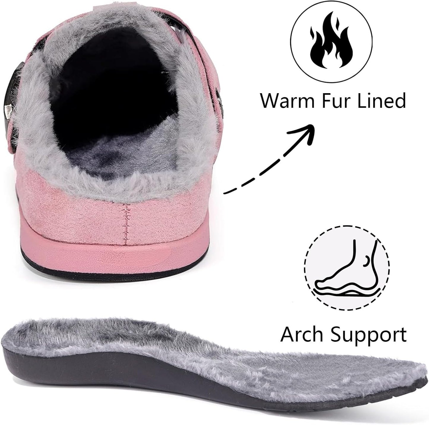 Fur Lined Clogs for Women Men Suede Winter Slippers Arch Support Slip on Mules Potato Shoes with Removable Cushion Footbed Warm Home House Shoes