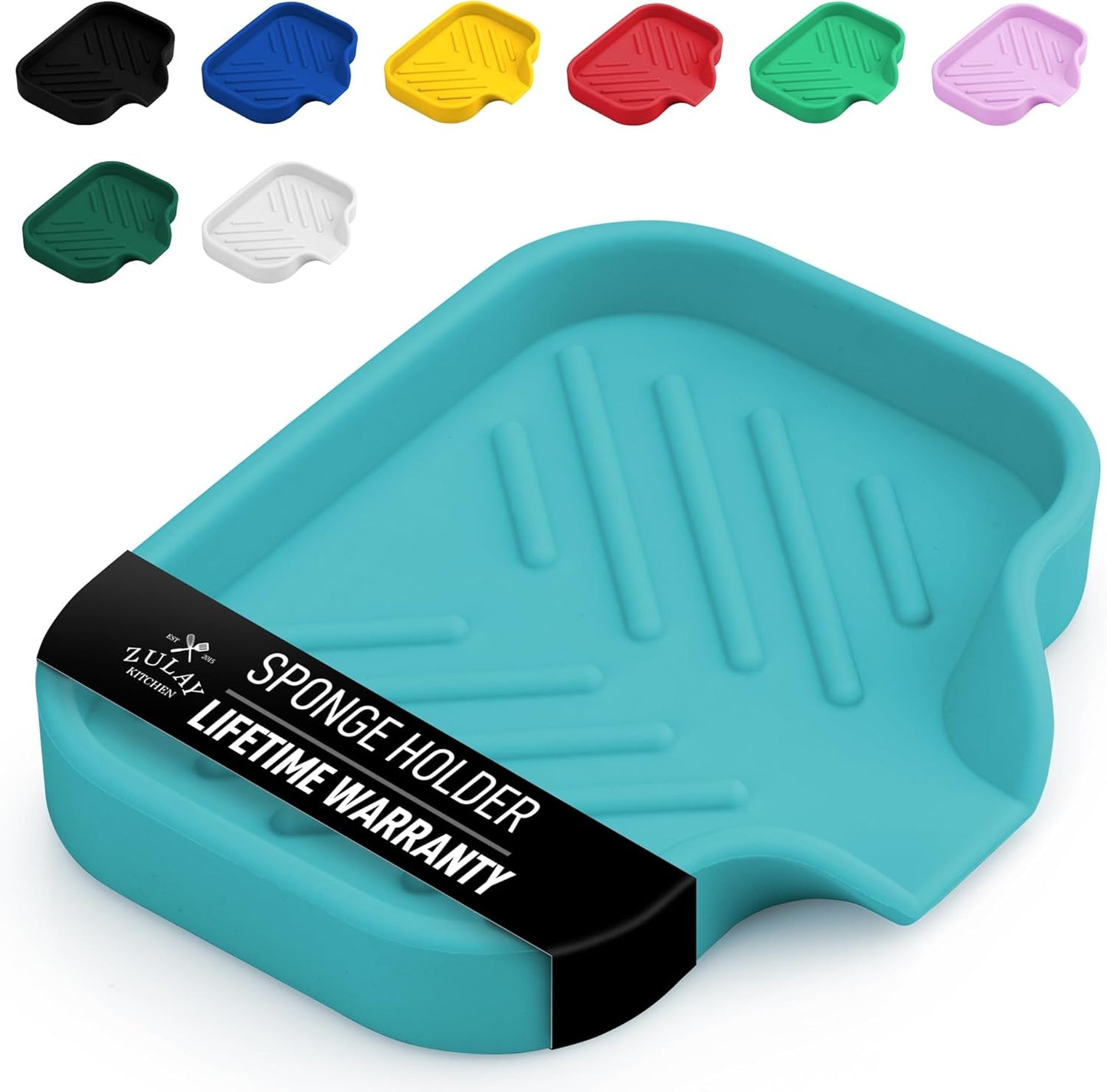 Zulay Kitchen Small Silicone Sponge Holder (4.9x3.3”) – Space-Saving Sink Organizer Tray for Sponge, Soap, Brush & More – Compact Non-Slip Dish for Kitchen & Bathroom (Aqua Sky)