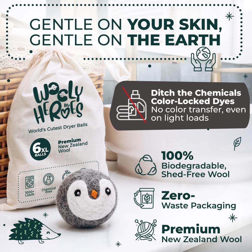 No More Dryer Sheets! Reusable Wool Dryer Balls XL 6-Pack - Reduces Static, Cuts Dry Time, & Softens Naturally