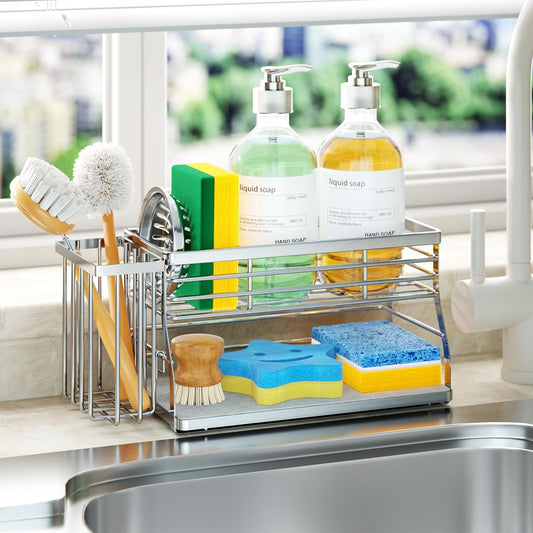 SWTYMIKI Kitchen Sink Caddy Organizer, 2 Tier Sponge Holder for Kitchen Sink with Instant Drying Stone, Removable Brush Holder for Fast Drying on Countertop, Silver