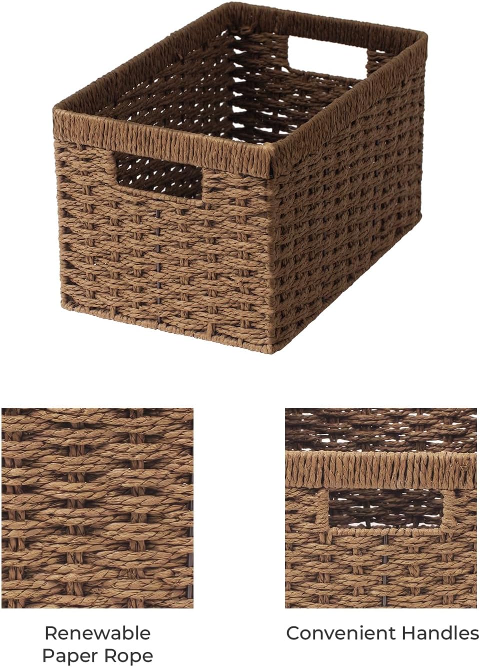 StorageWorks Round Paper Rope Storage Baskets, Rectangular Wicker Baskets with Built-in Handles, Medium, 2-Pack