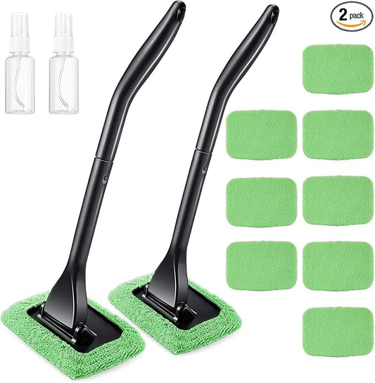 Frienda 2 Set Windshield Cleaner Tool Inside Car Windshield Cleaning Wand Auto Window Cleaner with Detachable Handle, 8 Reusable Microfiber Pads and 2 Spray Bottles for Car Interior(Green)