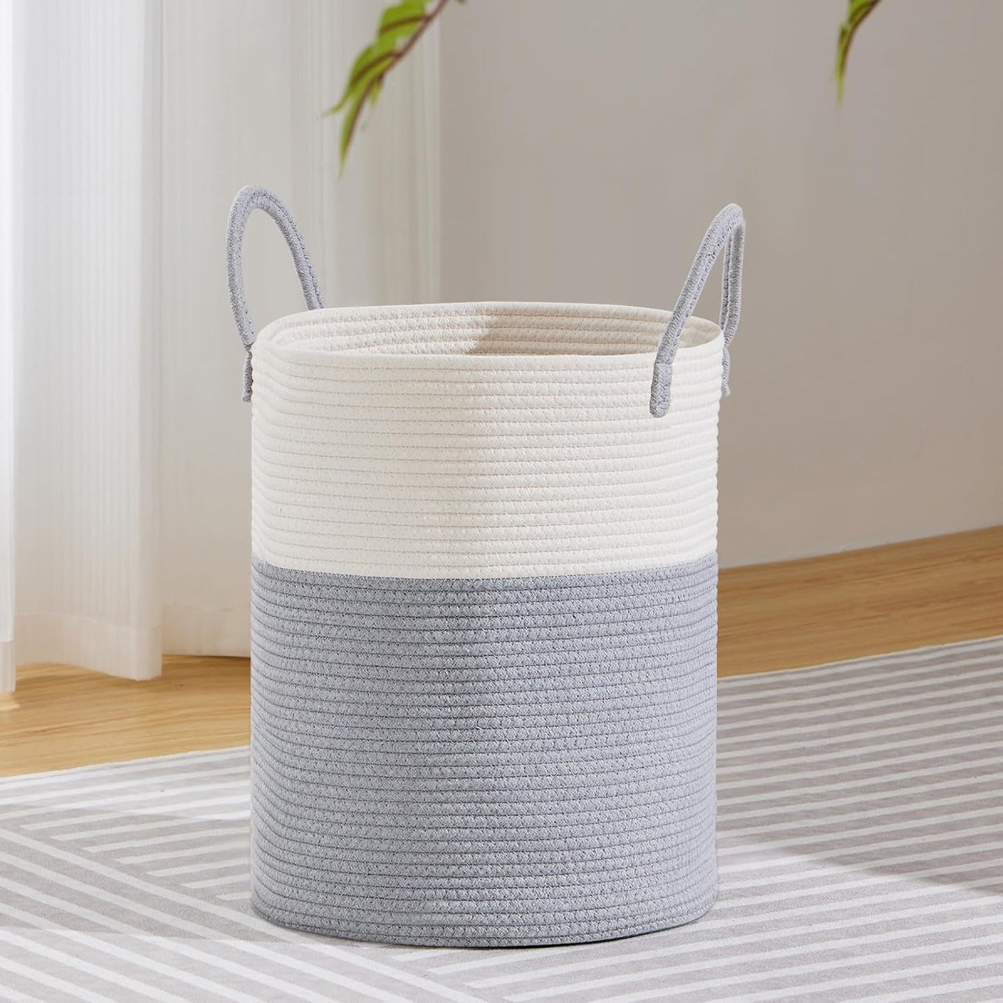 VIPOSCO Large Laundry Hamper, Tall Woven Rope Storage Basket for Blanket, Toys, Dirty Clothes in Living Room, Bathroom, Bedroom - 53L Grey & White