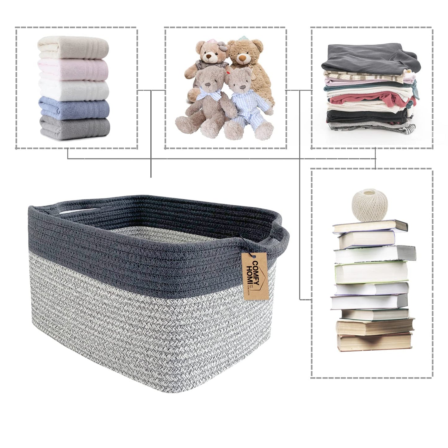COMFY-HOMI 3Pack Cotton Rope Square Basket with Handles for Shelves|Dog Toy Storage Bin|Shoe Organizer - New 13.5" x 11" x 9.5" (Light Grey)