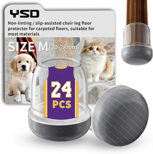 YSD 1Inch 24 Pcs Silicone Chair Leg Floor Protectors,Hair and dust Resistant Round Chair Leg Caps for Tilt Chair Legs,Carpet Hardwood Floor Protectors with Gray Pads