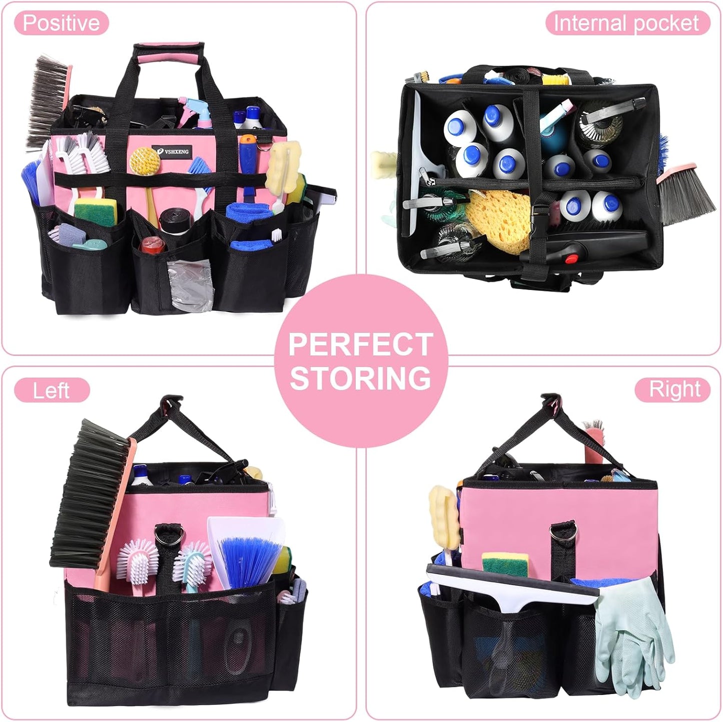 Large Rolling Cleaning Caddy Bag with Wheels, with Detachable Trolley, Cleaning Bags on Wheels for Housekeepers, Cleaning Cart Supplies Organizer for Home, Car, Picnic (Pink)