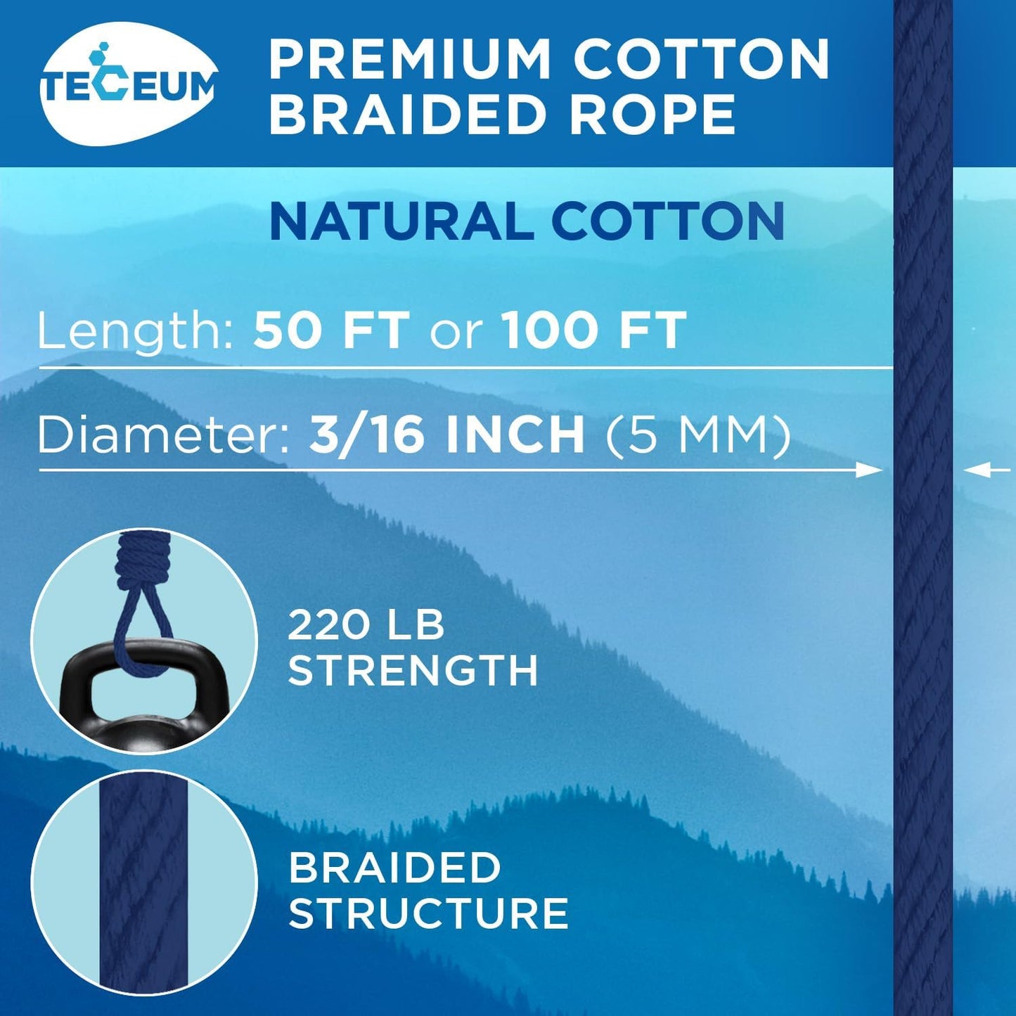 TECEUM Cotton Rope 3/16” (5 mm) – 50 FT – Strong All-Purpose Braided Rope – Natural Cotton – for Crafting, Сamping, Clothes Line, DIY, Indoor & Outdoor Use – Navy Blue