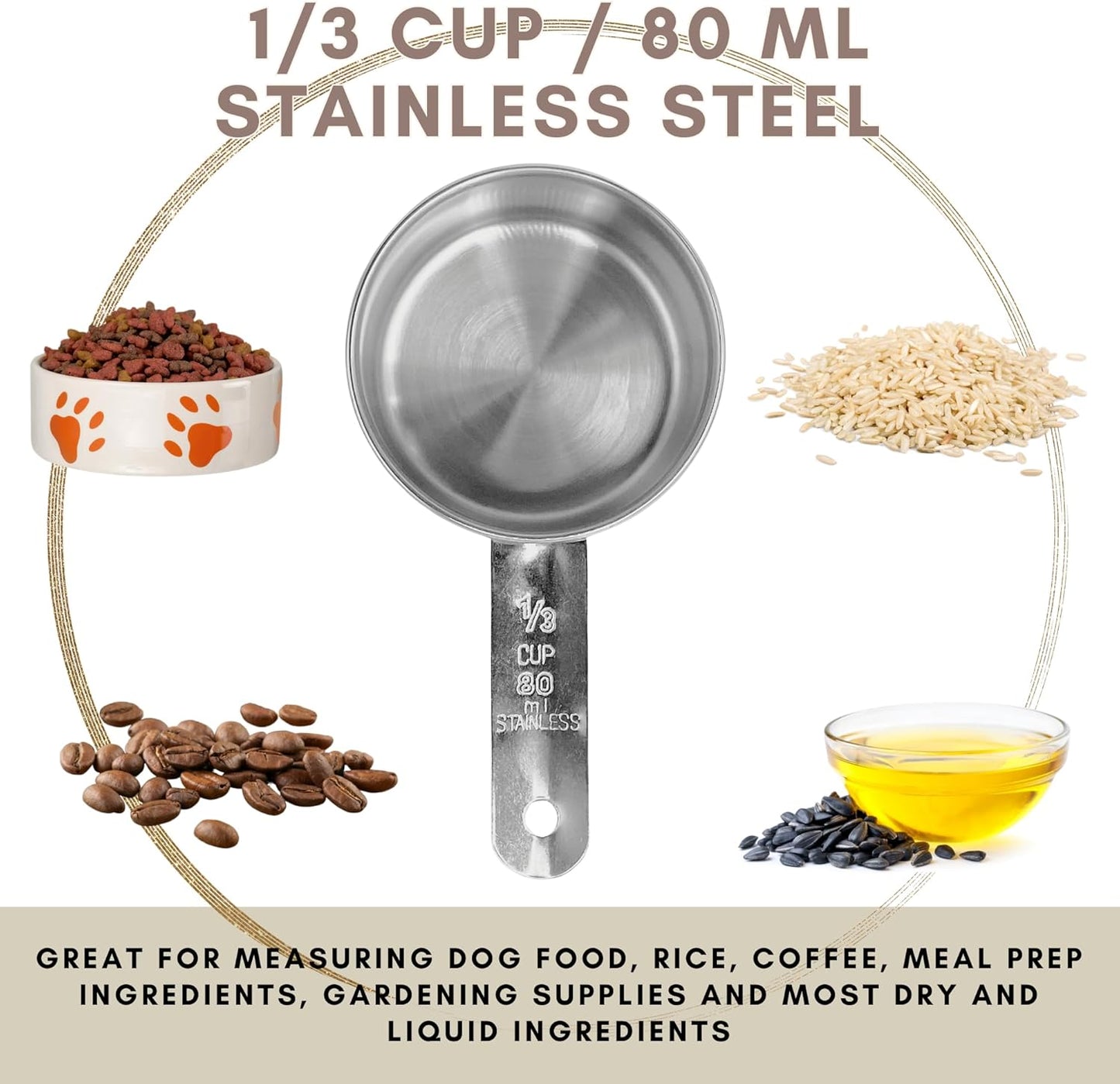 1/3 Cup Stainless Steel Measuring Cup | Sturdy Metal 80 ml | 80 cc | 3 oz | Single Cup for Wet and Dry Ingredients | Great for use as 1/3 Cup Dog Food Scoop - 4 PK