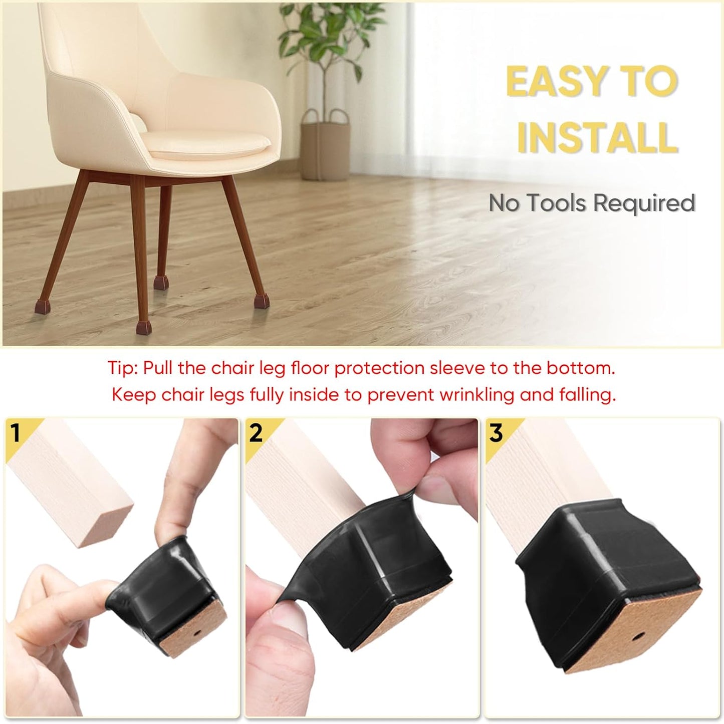 BALEINE 24 Pack Silicone Chair Leg Floor Protectors, Stool Leg Protectors Cap, Non-Slip Chair Leg Caps for Hardwood Floors (Black & Small (Square), 24 Pack)