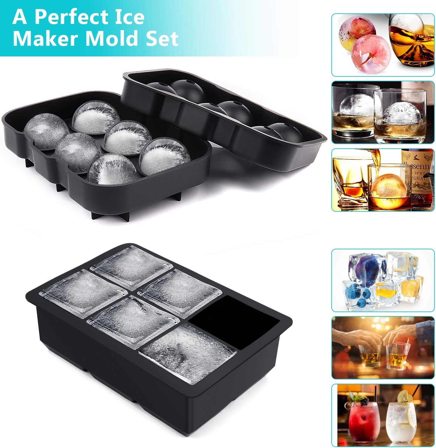 Large Ice Cube Trays Ice Ball Maker with Lids Combo(Set of 2), Silicone Sphere & Square Flexible Ice Cube Molds for Cocktails, Whiskey, Juice and Any Drinks- Reusable & BPA Free