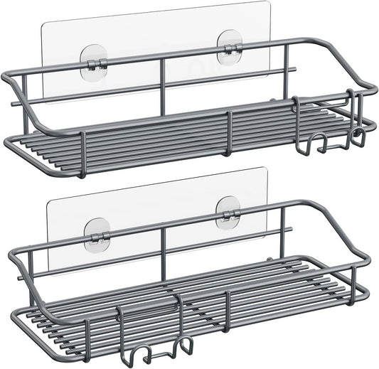 Nieifi Shower Caddy Shelf with Hooks Storage Rack Organizer Adhesive Stainless Steel Without Drilling for Bathroom, Lavatory, Washroom, Restroom, Shower, Toilet, Kitchen - 2 Pack (Gray)