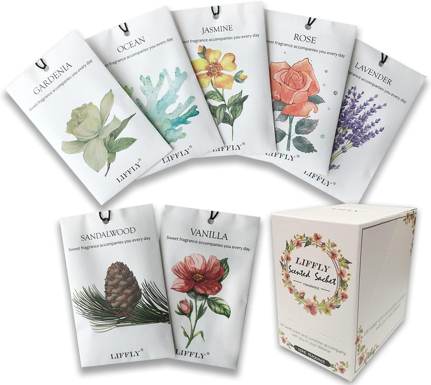 14 Packs Scented Sachets for Drawers and Closets Lavender, Rose, Jasmine, Ocean, Vanilla, Sandalwood, Gardenia 7 Scent Gift Box