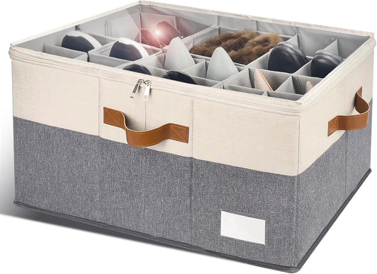 Shoe Organizer for Closet, Foldable Shoe Storage Bins with Clear Cover, Space Saving Shoes Holder with 4 Handles, Large Adjustable Shoe Box Storage Containers, Fits 12-24 Pairs, 1 Pack, Beige