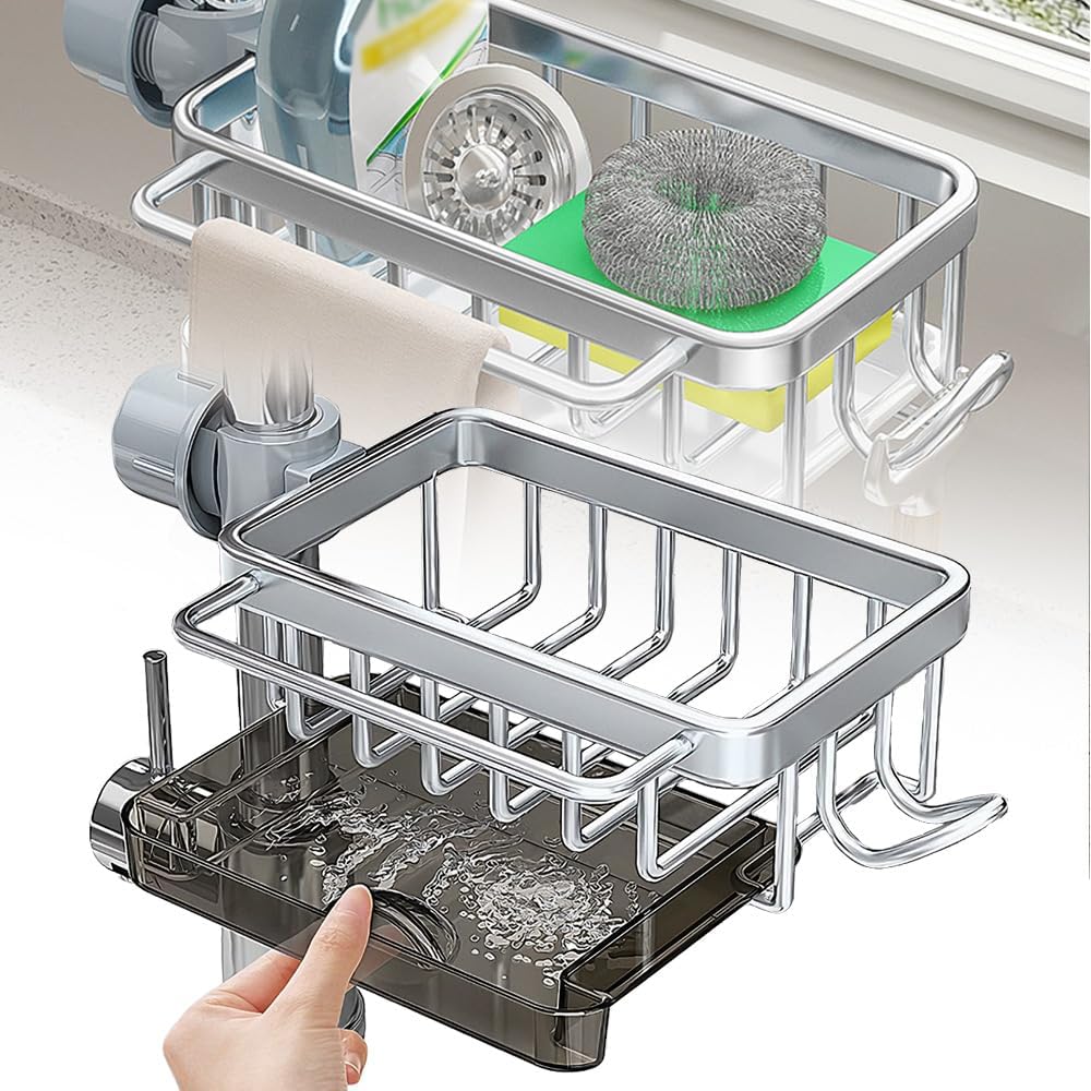 Sink Organizer Rack for Kitchen and Bathroom, 2024 New Kitchen Sink Faucet Organizer with Drip Tray Faucet Sponge Holder (Silver, Right)