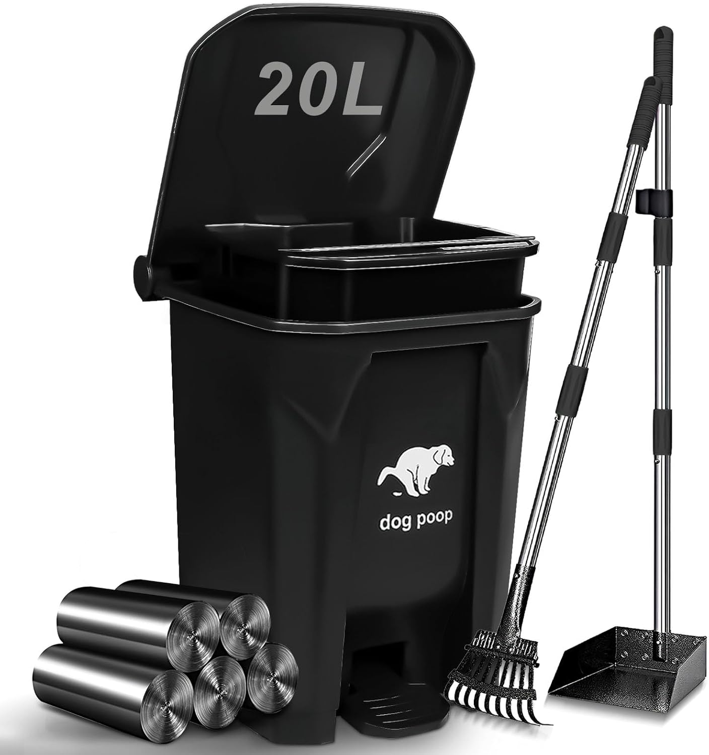 Dog Poop Trash Can Outside with Pooper Scooper, 20L/5Gal Dog Waste Trash Can with Lid, Pedal and Removable Inner Bin, Pet Poop Bin with Metal Rake & Tray and 100 Bags
