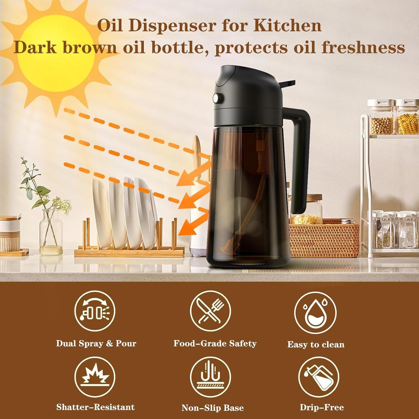 2-in-1 Glass Oil Dispenser & Sprayer - 16oz/470ml Leakproof Olive Oil Sprayer Bottle for Cooking, Air Fryer, BBQ, Baking, Salad(Light-Blockage Cream 1PC)