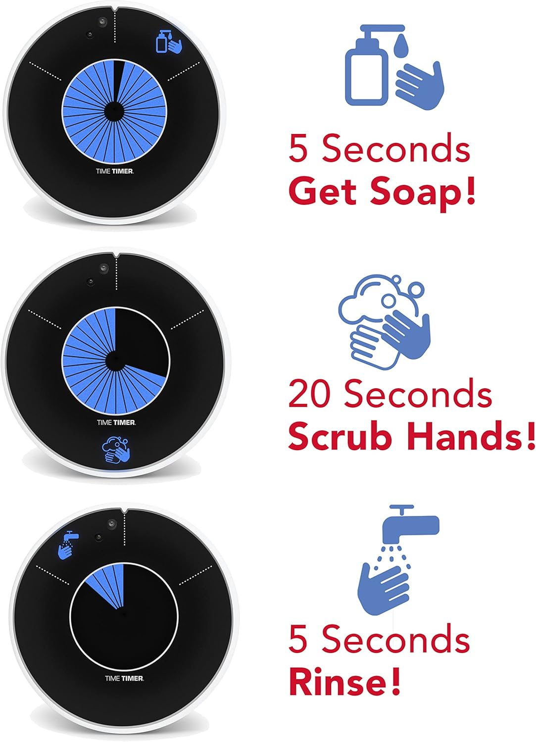 TIME TIMER WASH — 30 Second Visual Timer Promoting Proper Hand Washing for Preschool, Kindergarten and Adults, Hands Free, Touch-Less Handwashing, Bathroom Timer with Optional Music Sound