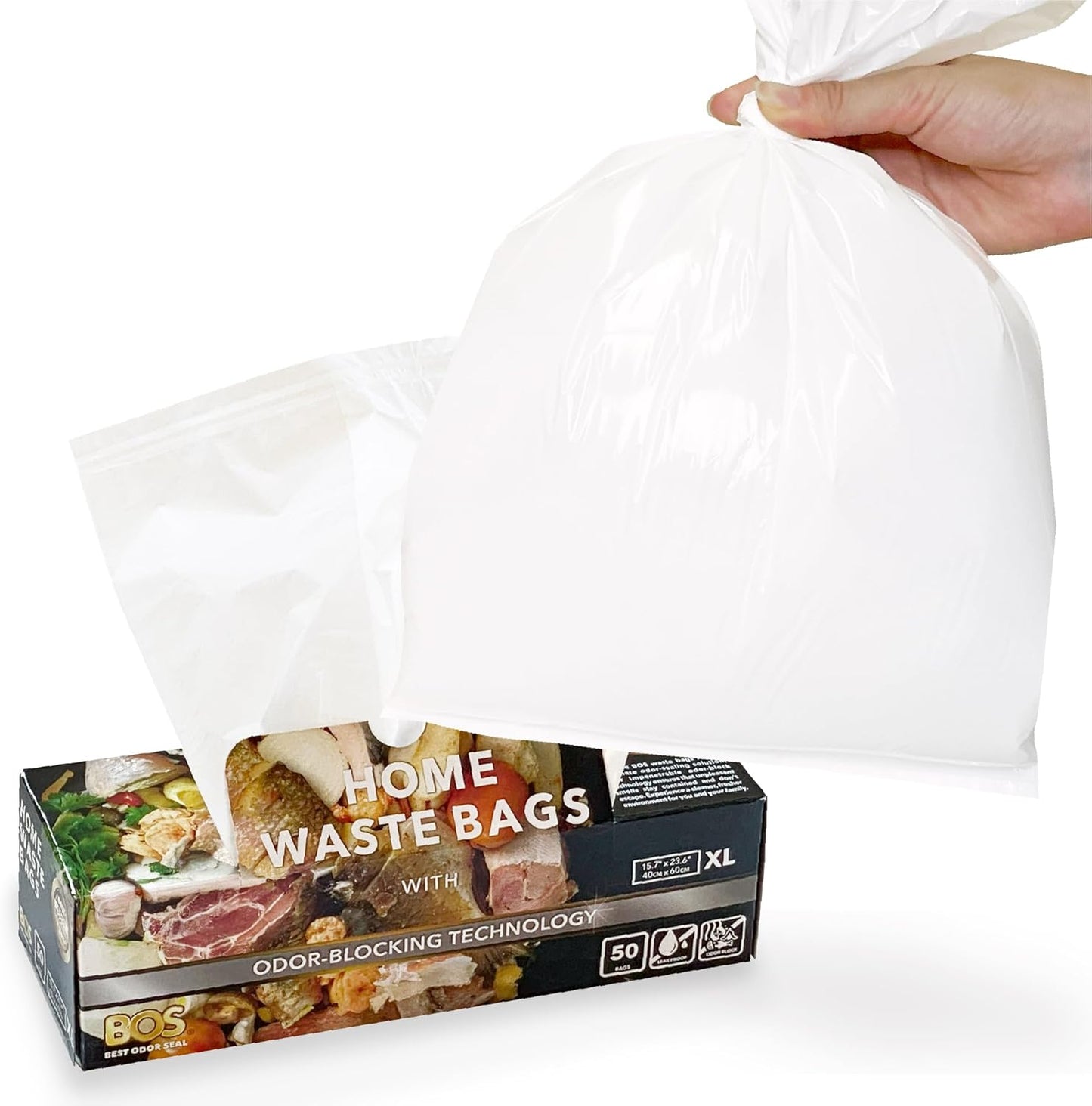 BOS Odor-Sealing Kitchen, Home & Food Small Trash Bags for Waste- Disposable Bags - Scent & Smell Free (50 Bags) [Size XL, Color White]