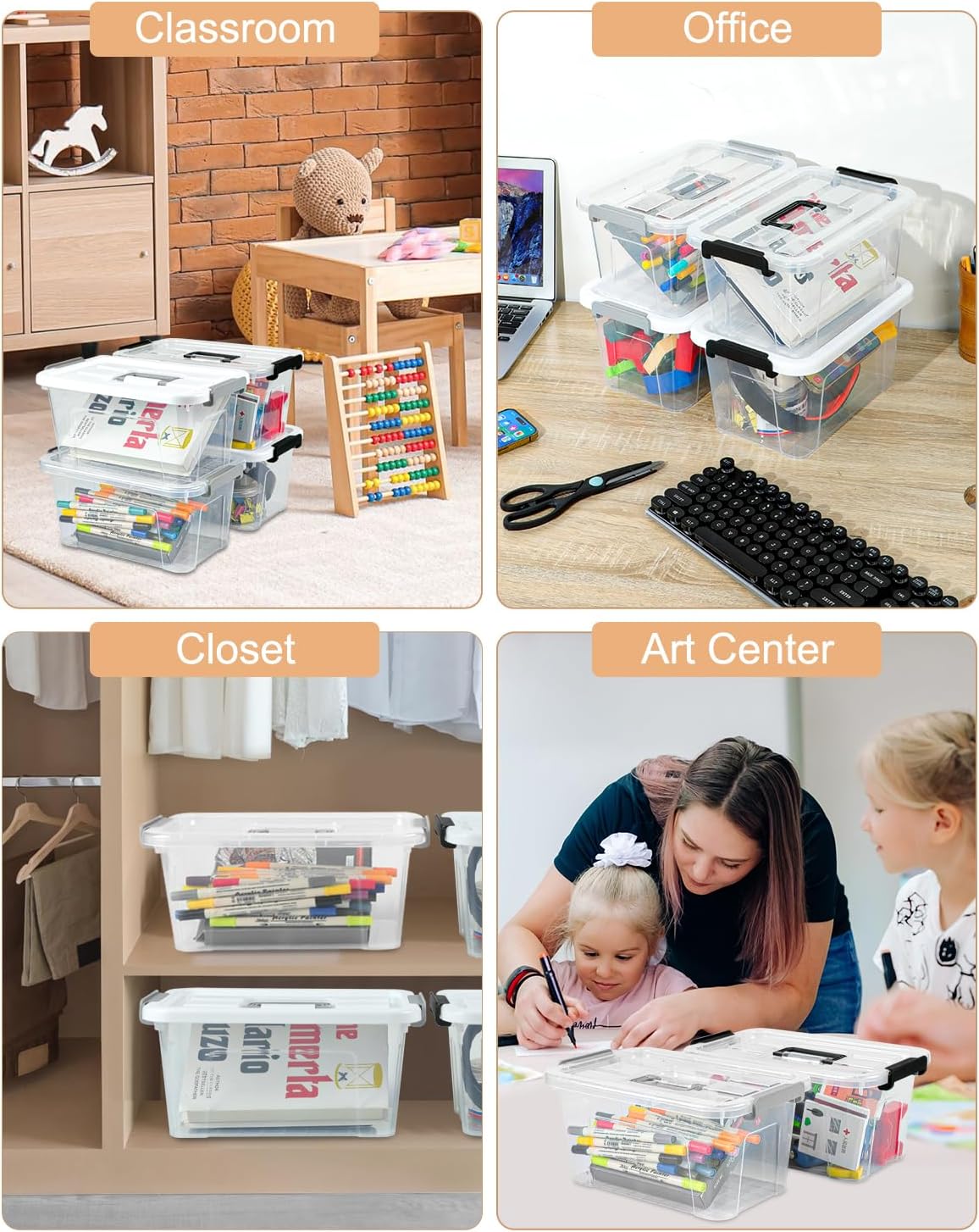 NUMIFUN Plastic Storage Bins With Lids 6 Pack Storage Organizer Bins, 7 Quart Stackable Storage Bins with Lids and Black Handle Buckle Easy for Home Office Organization, White Lids