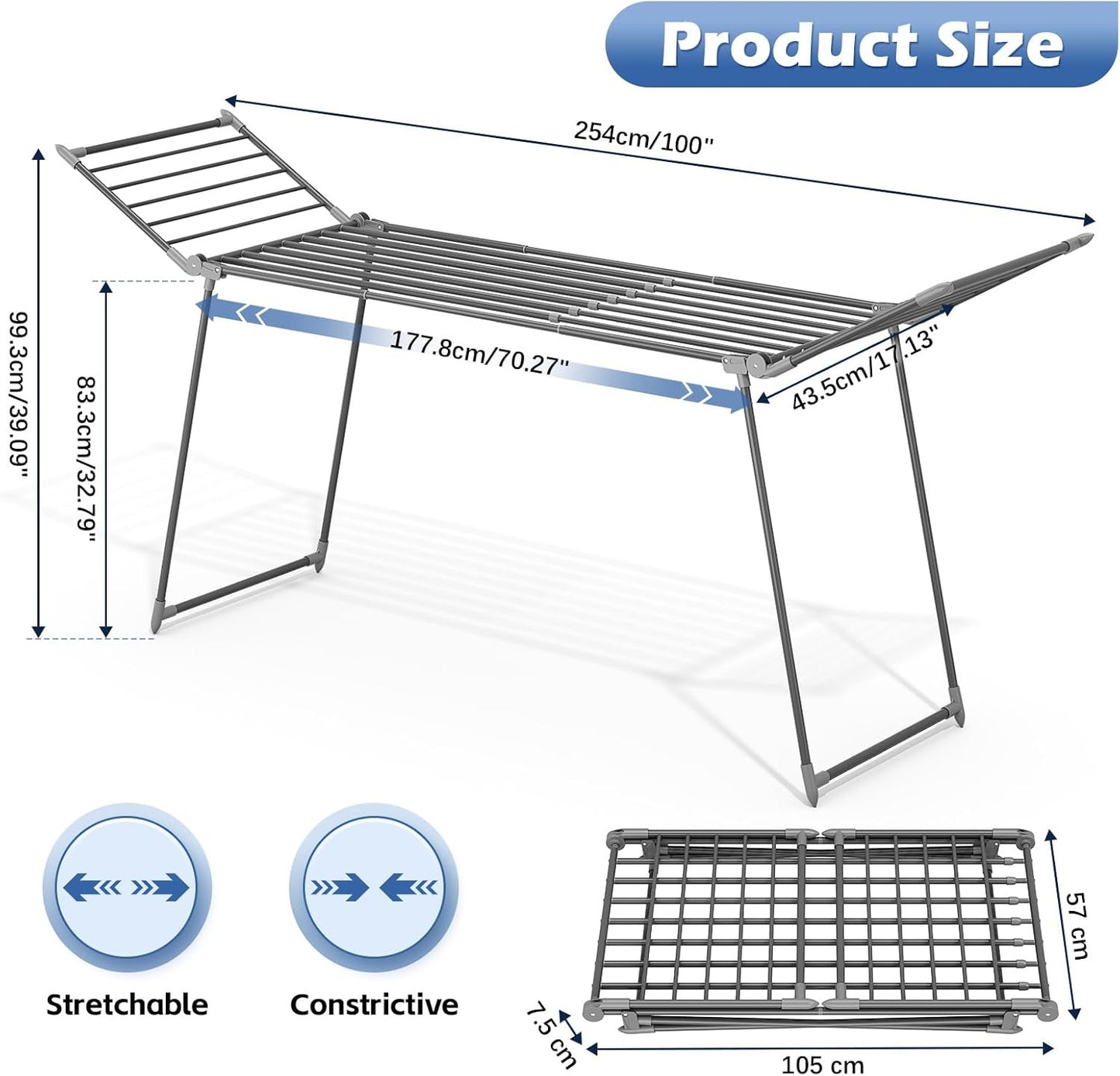 APEXCHASER Clothes Drying Rack Foldable, Large Drying Rack Clothing Retractable, Metal Clothes Airer for Bedding Towel Sweater Heavy Duty, Indoor Outdoor Use, 21.9"W x 100"L x 39"H, No Assembly, Grey