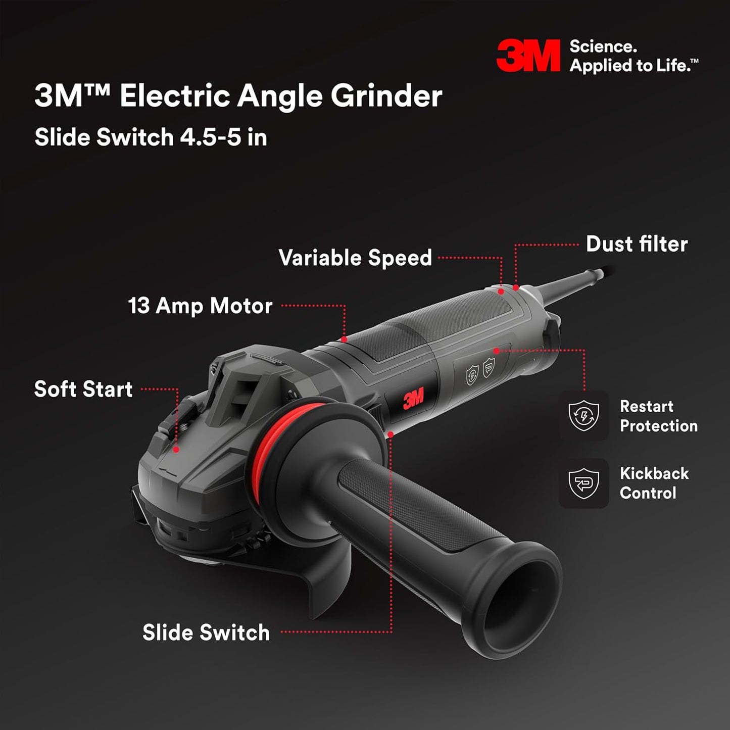 3M Electric Angle Grinder, 11130, VS, 4.5-5 in Slide Switch, 13-Amp, 120V, for Cutting, Grinding, Polishing and Rust Removal,1 EA