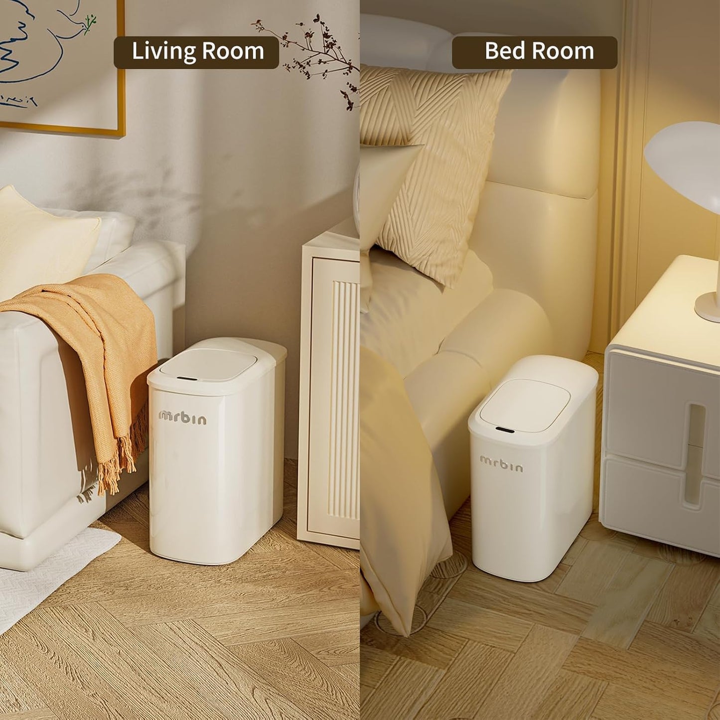 MRBIN Motion Sensor Bathroom Metal Trash Can with Lid and Wheels, 10L/2.6gal Automatic Removable Slim Electric Narrow Waste Basket for Near Desk Office, Bedroom, Kitchen, Rv, White