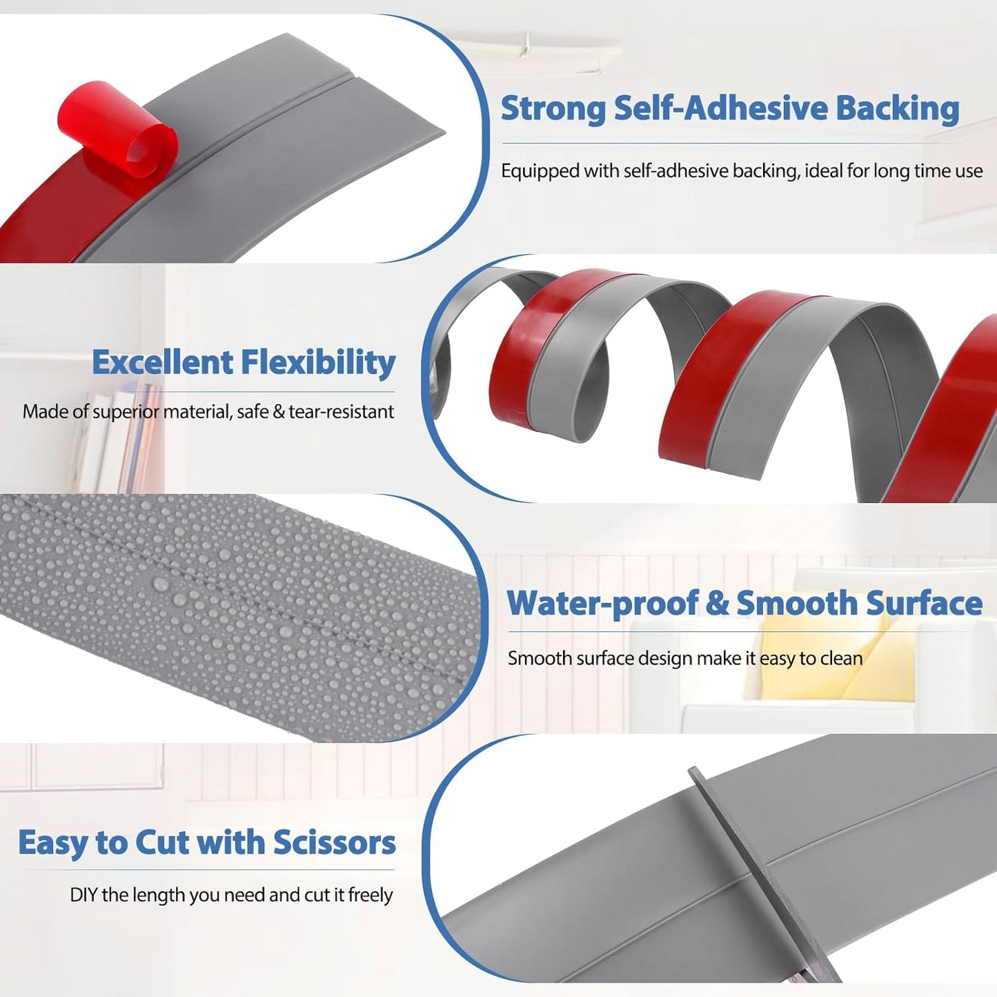 Weather Stripping Door Draft Stopper Flexible Self Adhesive Silicone Door Seal Strip for Glass Doors Windows and Shower Glass Gaps, 2 Inch Wide X 10 Feet Long, Gray