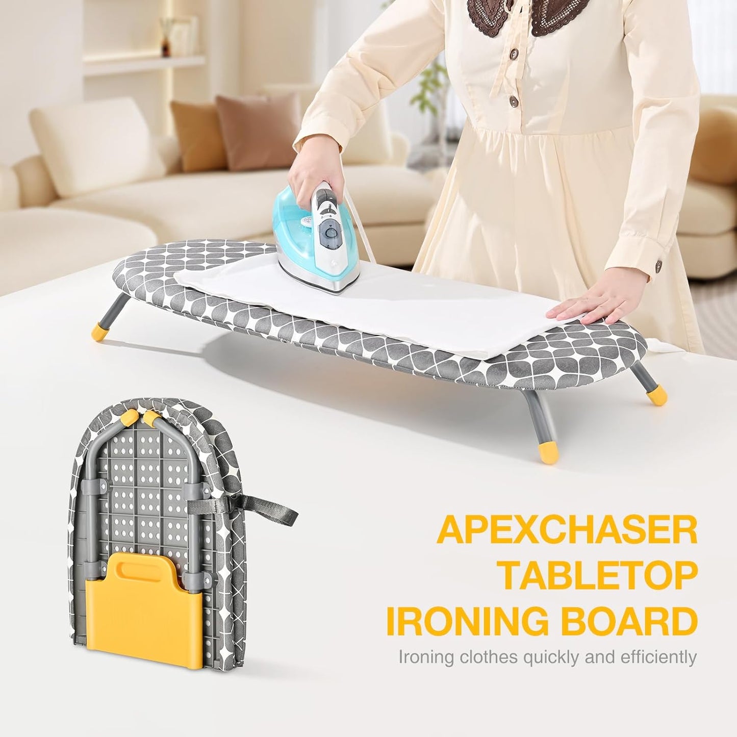 APEXCHASER Foldable Ironing Board, Tabletop Small Board with Heat Resistant Covers, Portable Folding Mini Non-Slip Feet for Home, Laundry Rooms, Dorms, Travel Use, Yellow