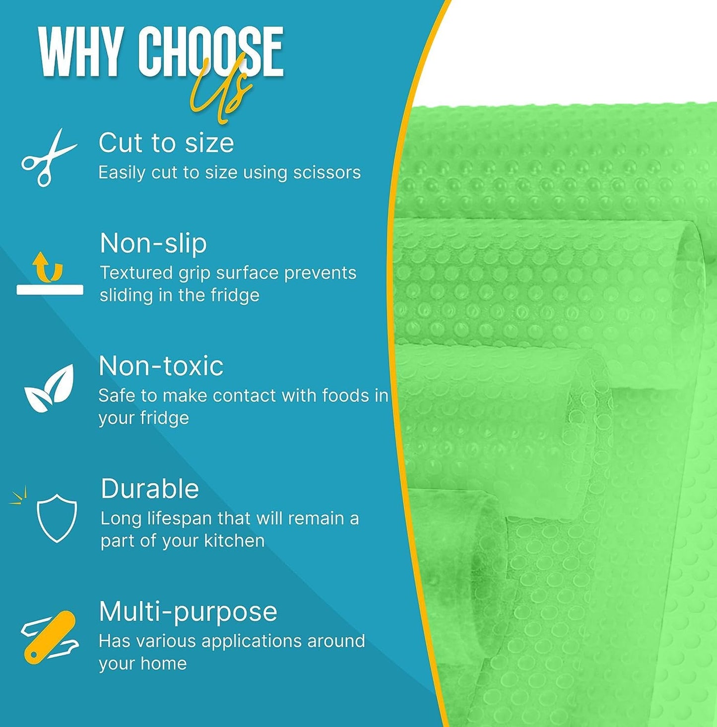 Refrigerator Liners for Shelves by Linda’s Essentials - Easy to Clean Fridge Liner with Spill Protection Fridge Shelf Liners & Drawer Liner, Nonslip BPA-Free Refrigerator Mats (Green Roll)