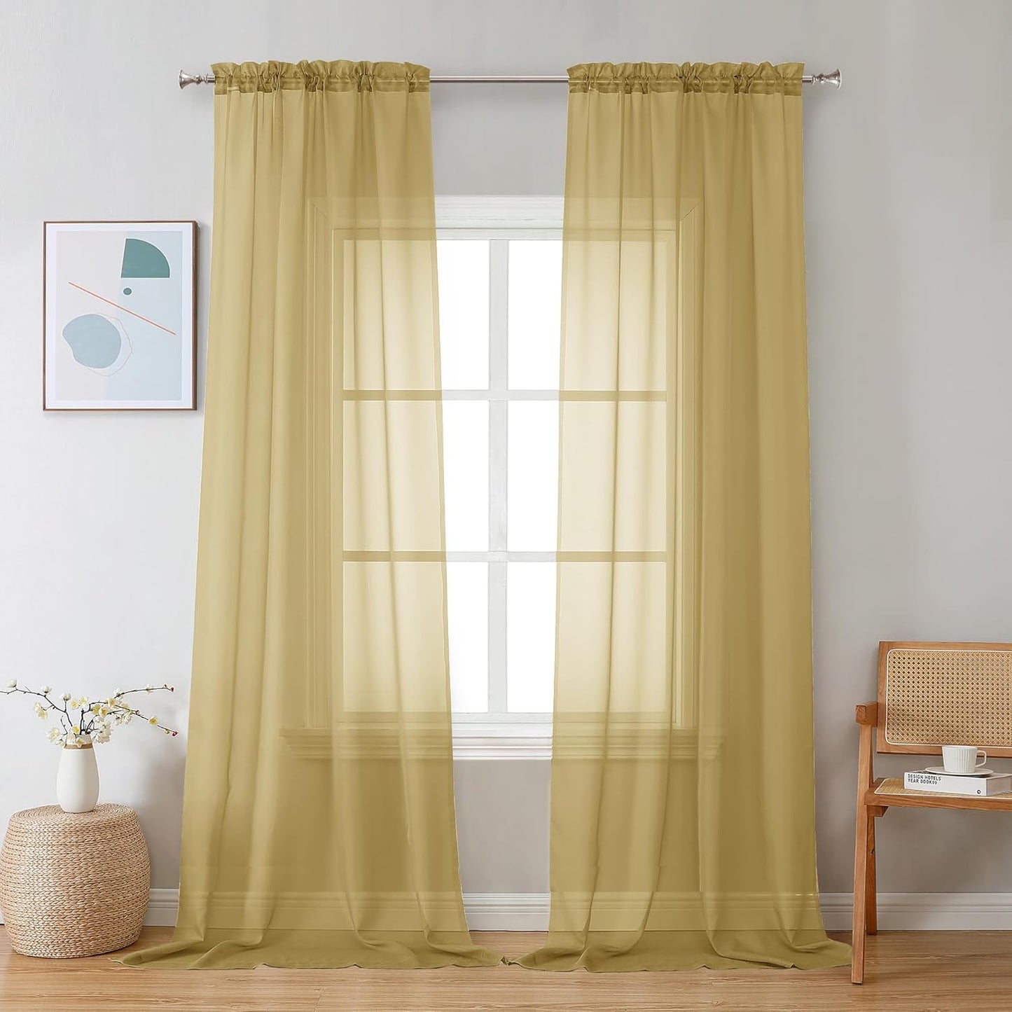 Chyhomenyc Sheer Gold Curtains 90 inches Long 2 Panels, Light Filtering Soft Airy Solid Elegant Voile Window Treatment Drapes for Bedroom Living Room Wedding Party Decor, 42 Wx90 L Inches