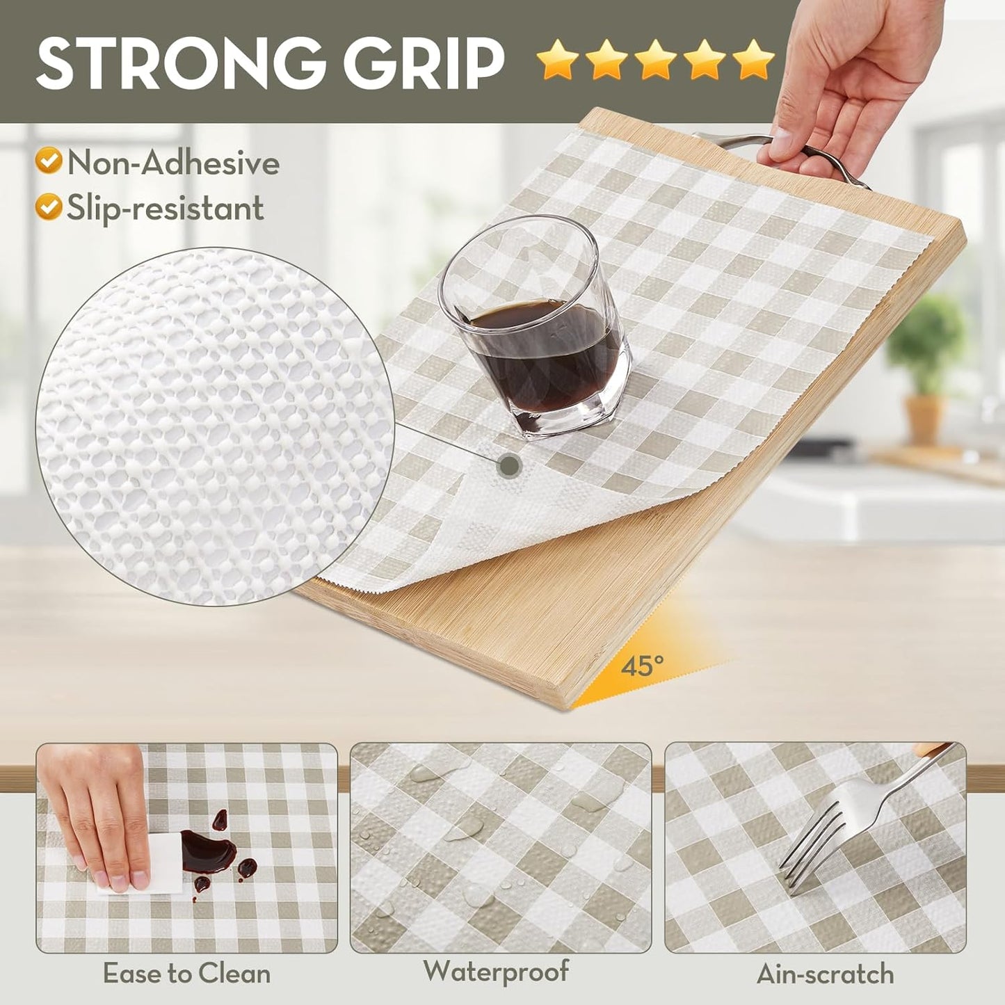 Drawer Shelf Liner, Non-Slip Kitchen Cabinet Liners Non-Adhesive Thick Strong Grip Waterproof Mats Protect Dresser Shelves Cupboard Bathroom Cabinets, Green Plaid, 23.6 in X 20 FT