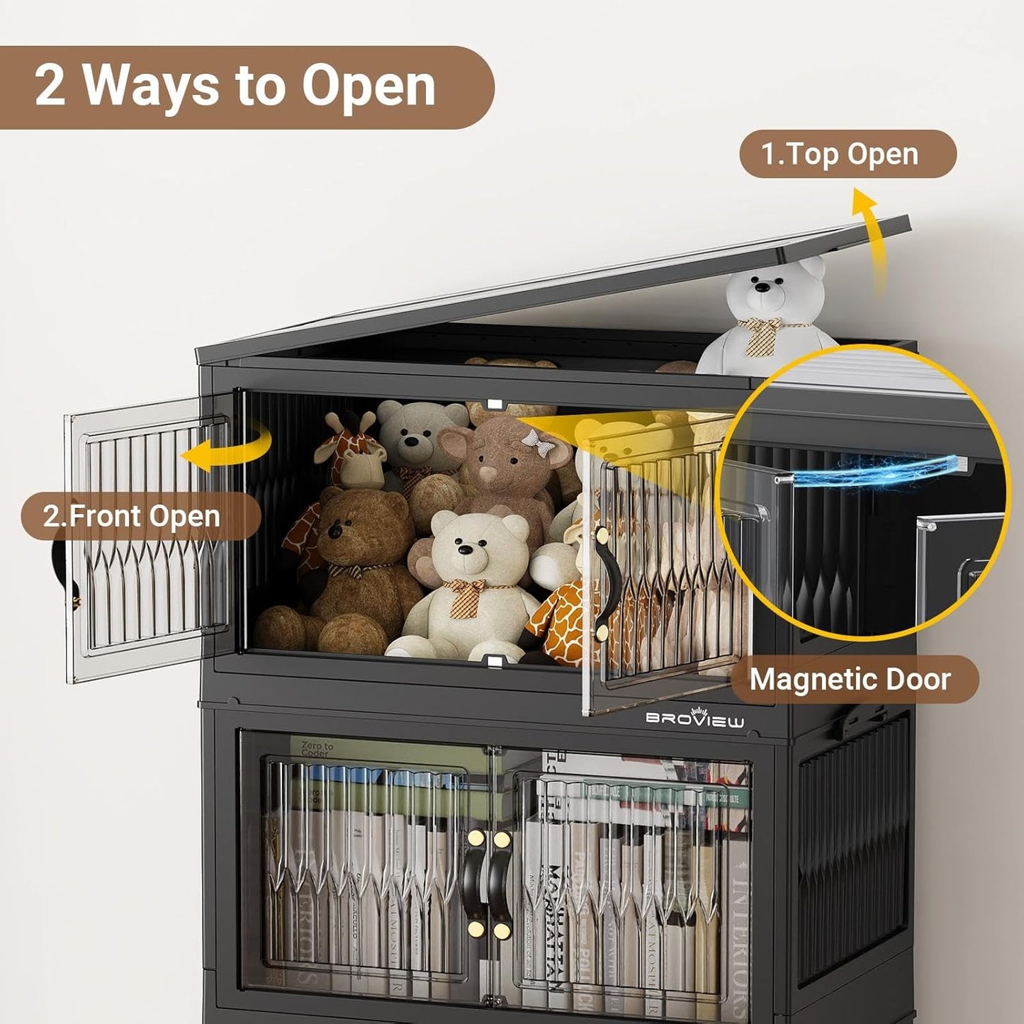 BROVIEW 320Qt Stackable Storage Bins with Lid, Extra Large Closet Organizer Collapsible Drawer Boxes with Wheels, Folding Plastic Cabinet Containers for Home Kitchen Room Organization, 4Pack Black