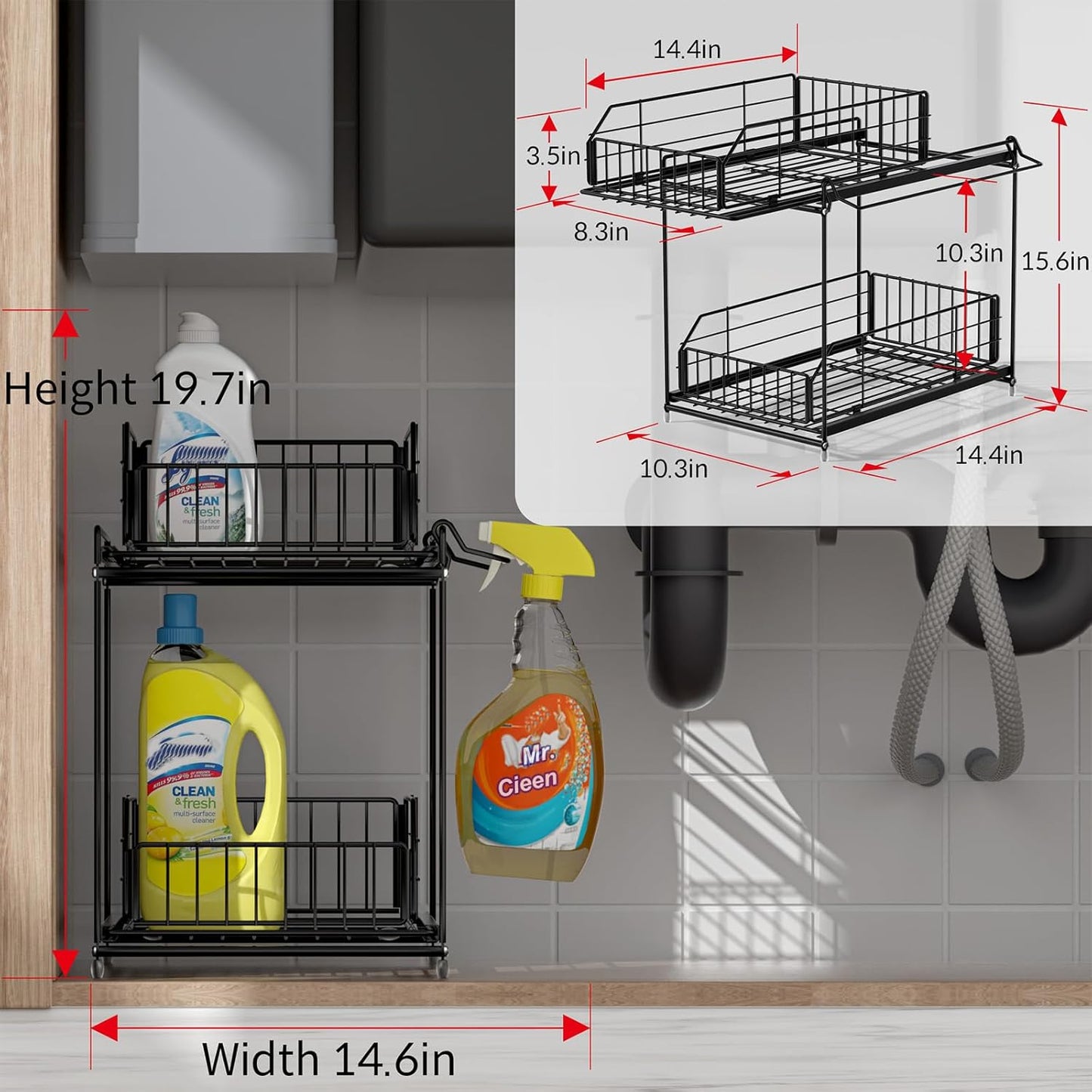 SUEH DESIGN Under Sink Organizer, 2 Tier Bathroom Cabinet Organizer Metal Kitchen Sink Organzier with Hanging Rail for Kitchen Bathroom Organization and Storage, 1 Pack