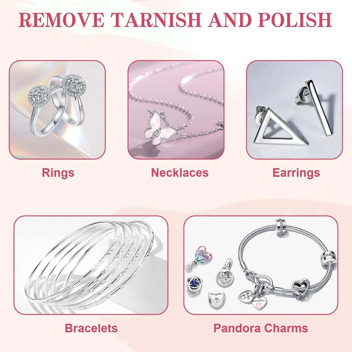 28 Pcs Jewelry Polishing Cloth for Sterling Silver Jewelry, Pink Cleaner Cloth for Rings, Includes 40 Pcs Small Jewelry Bags, Gift for Men and Women