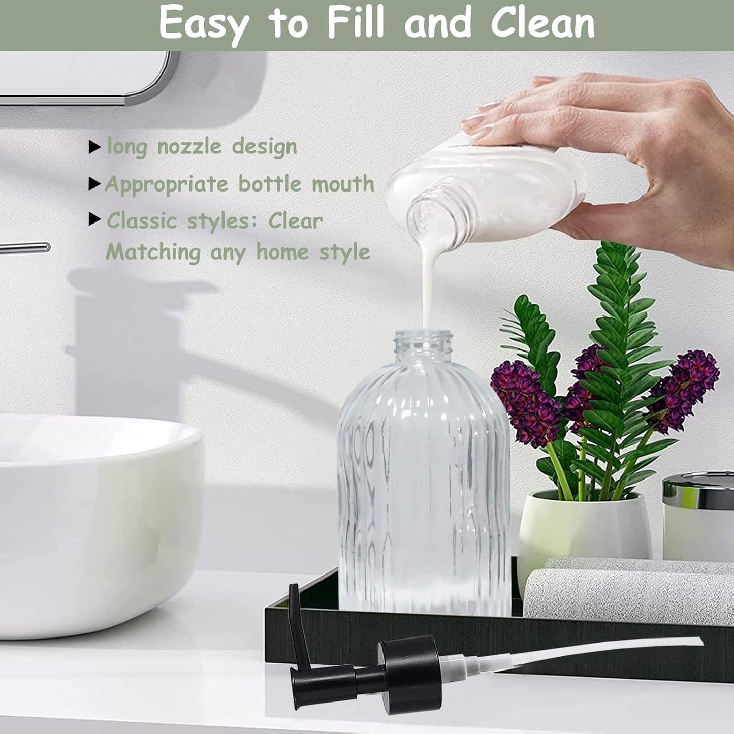 Clear Glass Soap Dispenser with Black Plastic Pump, 13.5oz Refillable Liquid Hand Soap Dispenser, Lotion Dish Soap Dispenser for Modern Home Decor, Bathroom, Kitchen Countertop, Hotel