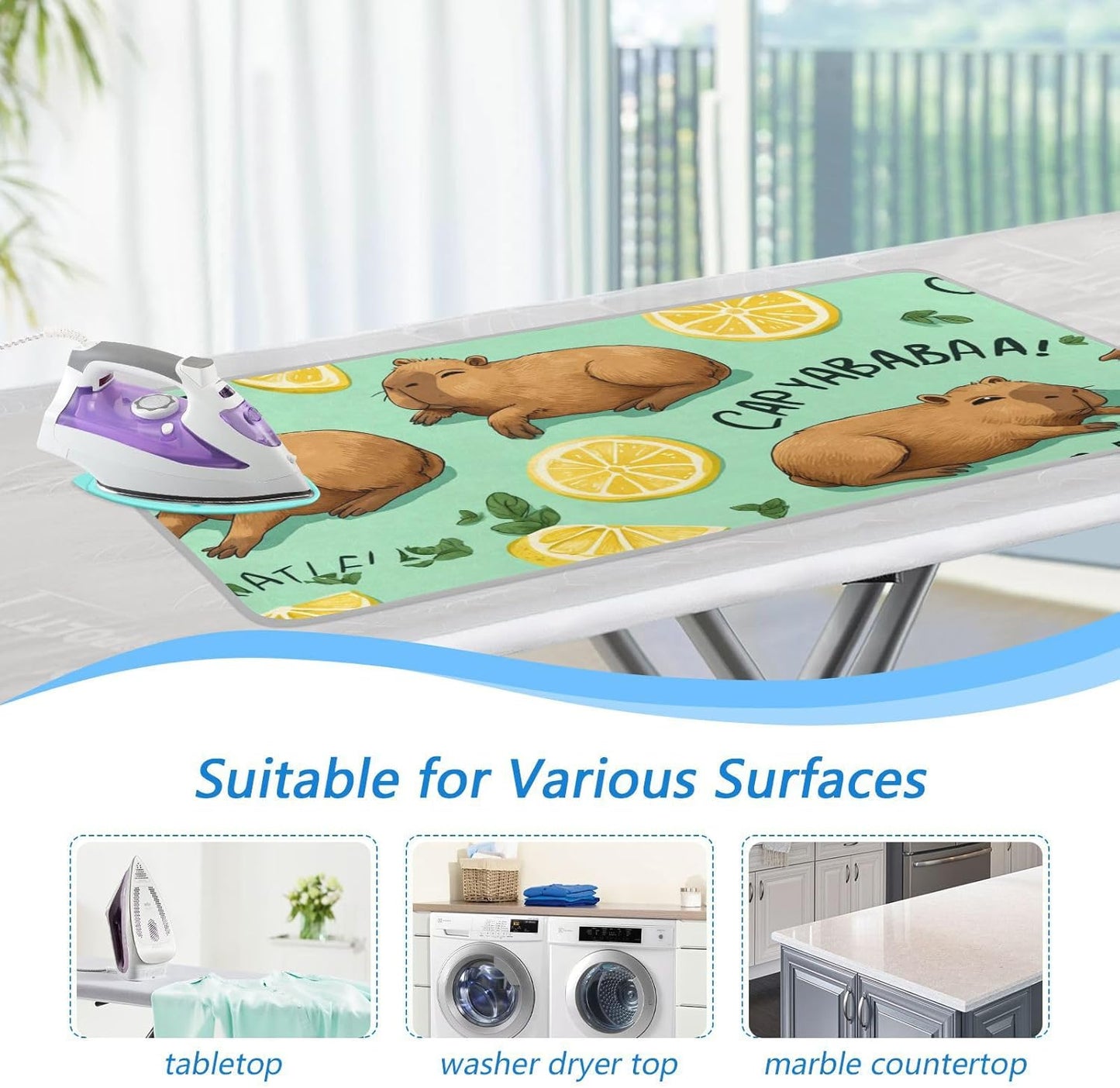 Mint Green Capybara Lemon Ironing Mat for Table top Portable Ironing Pad Blanket for Washer Dryer Countertop Travel